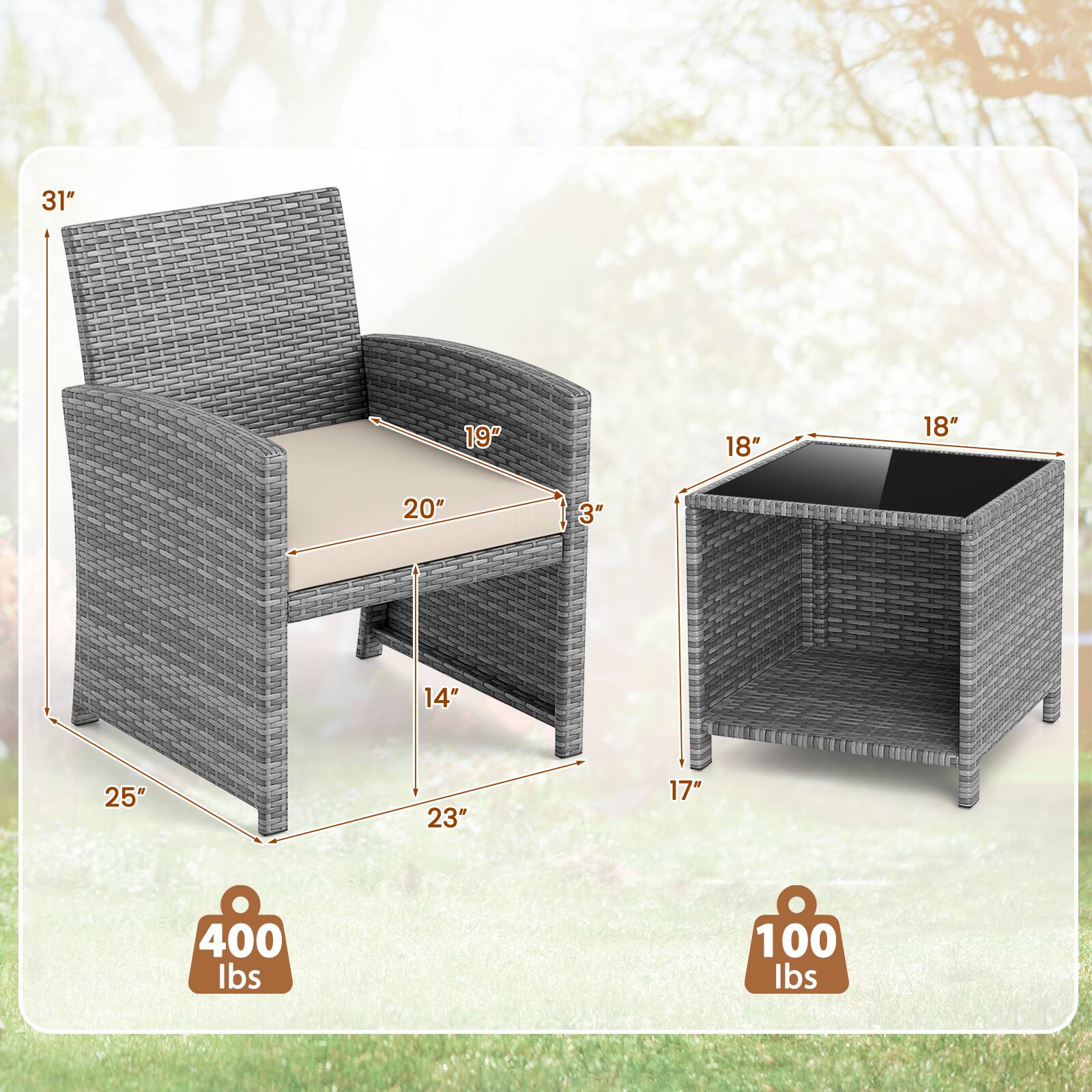 31", 19", 18", 18", 20", 3", 14", 25", 23", 17", 400 lbs, 100 lbs