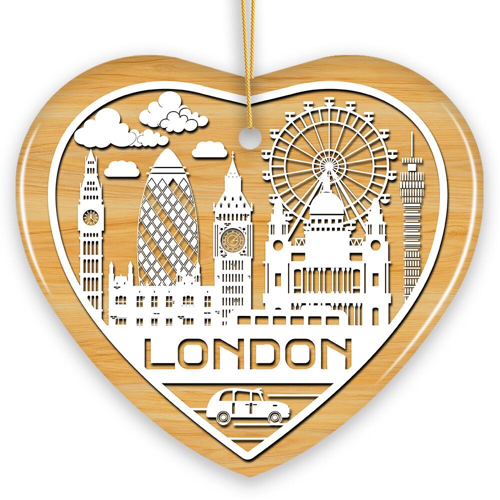 Front. OrnamentallyYou - London City Unique Paper Art Themed Ceramic Christmas Ornament Heart Version - Multi-colored.