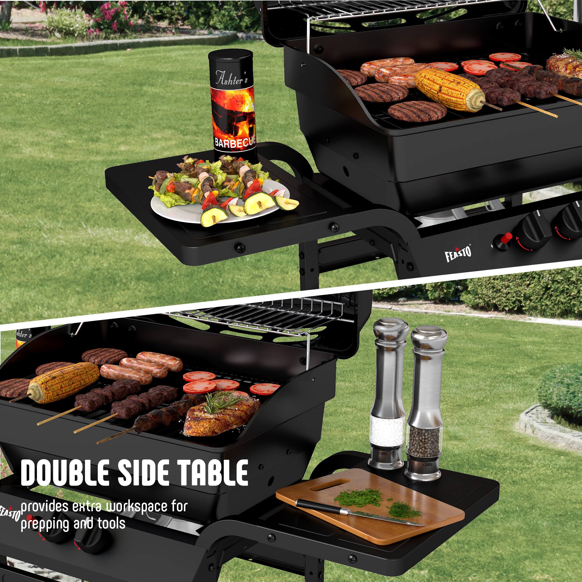 Ashter' BARBECUE FEASTO Ser DOUBLE SIDE TABLE provides extra workspace for prepping and tools