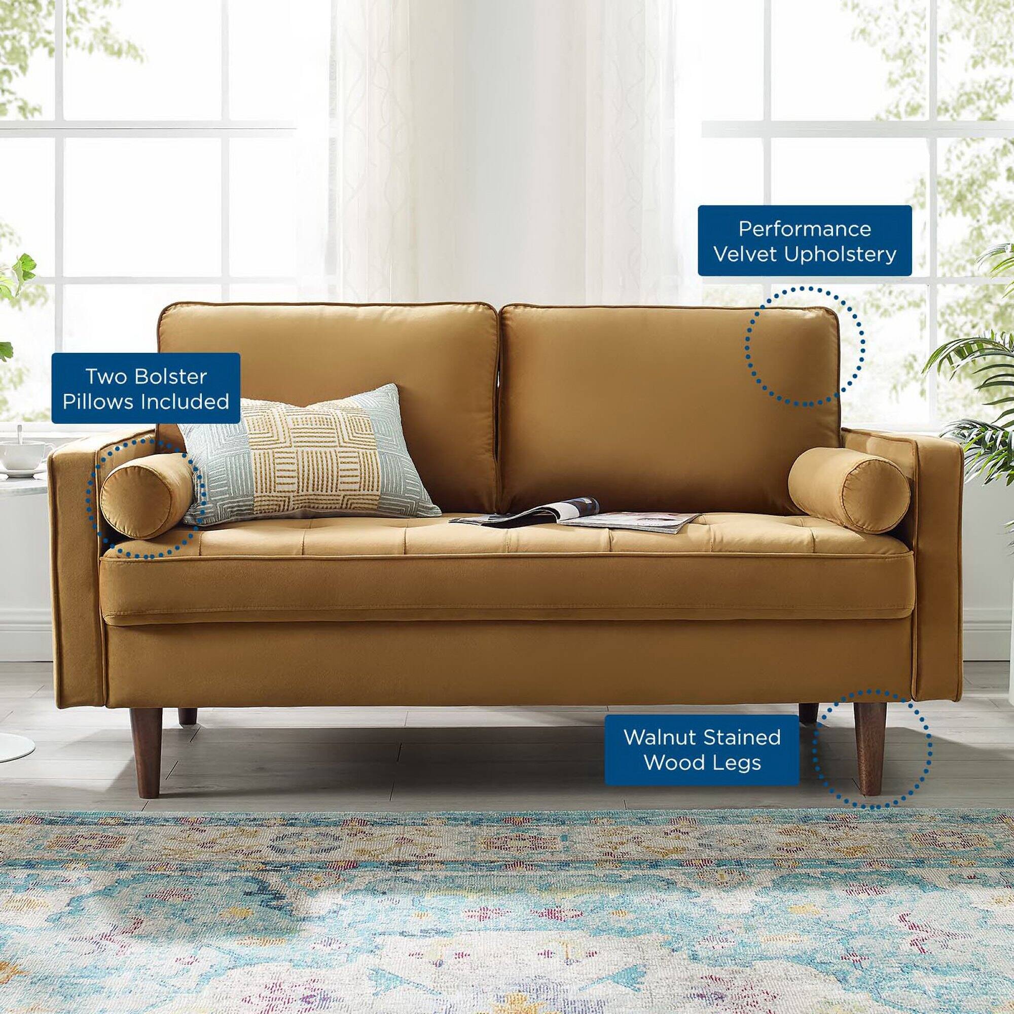 Performance Velvet Upholstery  
Two Bolster Pillows Included  
Walnut Stained Wood Legs