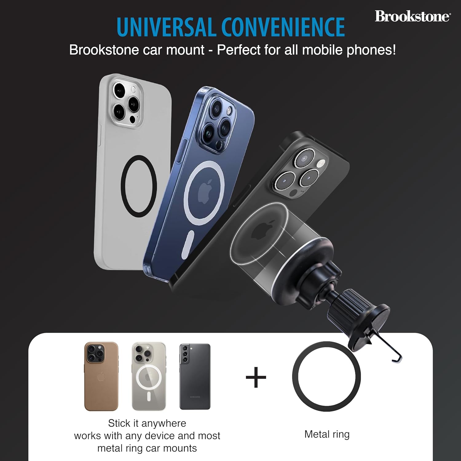 Brookstone UNIVERSAL CONVENIENCE
Brookstone car mount - Perfect for all mobile phones!
Stick it anywhere works with any device and most metal ring car mounts
Metal ring