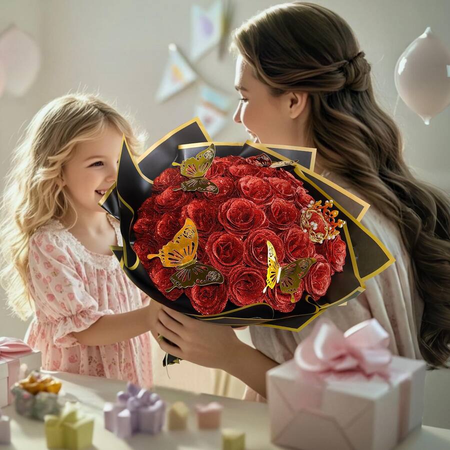 Stylel Star Diy Glitter Roses Bouquet Red Artificial Rose Kit Shiny ...