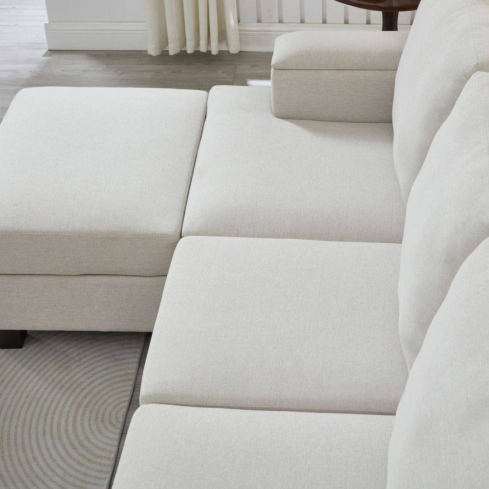 Alt View 5. Resenkos - 86" L-Shaped Sectional with Ottoman, 3-Seater Linen Sofa with Armrest Organizer, Beige - Beige.