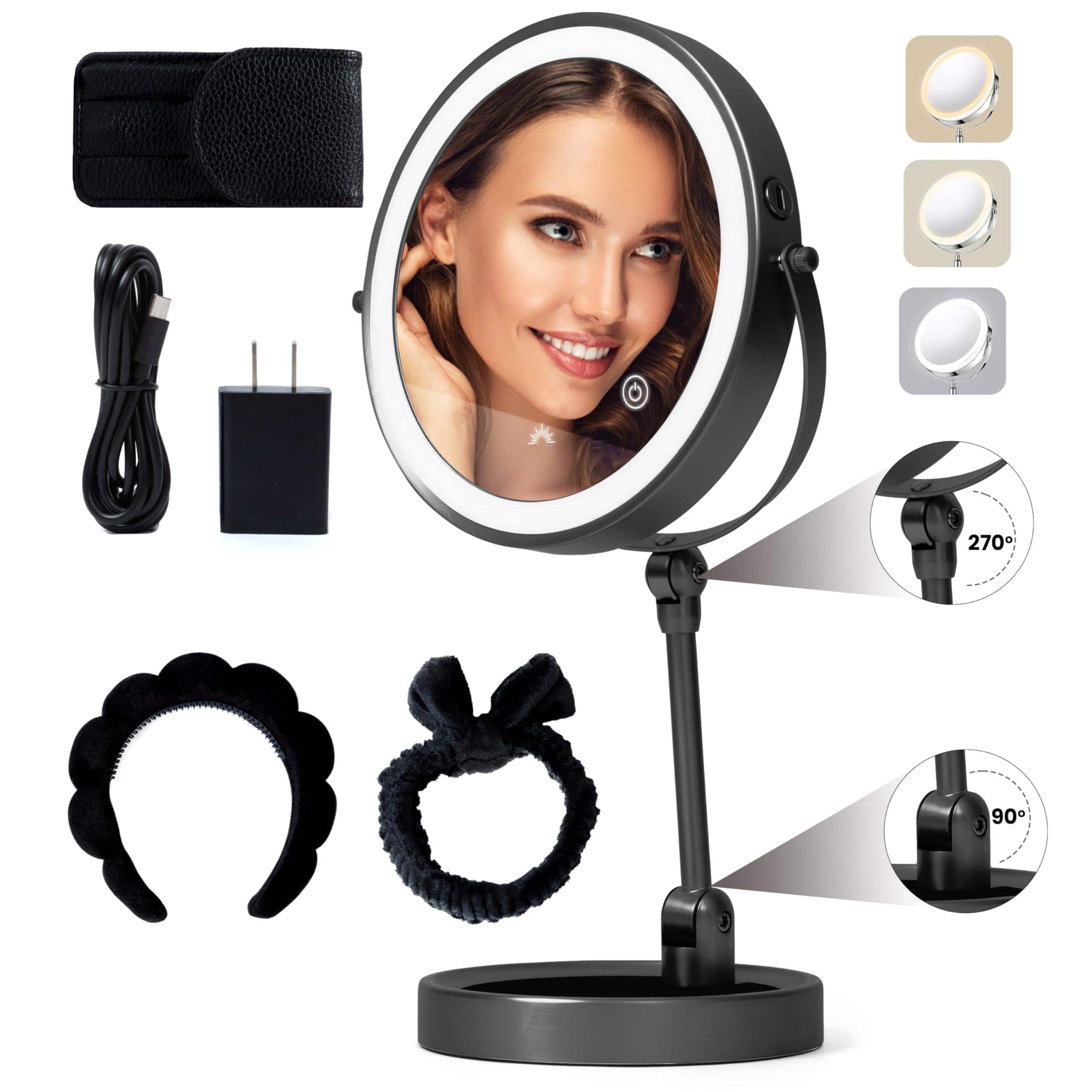 Hanke - Smart Led Light Makeup Mirror Rechargeable 1x 10x Magnifying Vanity With 3 Color Lights Height Standing - Black