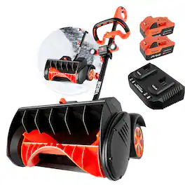 Voltask - 48V 16-Inch Cordless Electric Snow Shovel with Wheels & LED Lights - 2 Batteries & Dual Quick Charger Included for Drive - Orange and Black