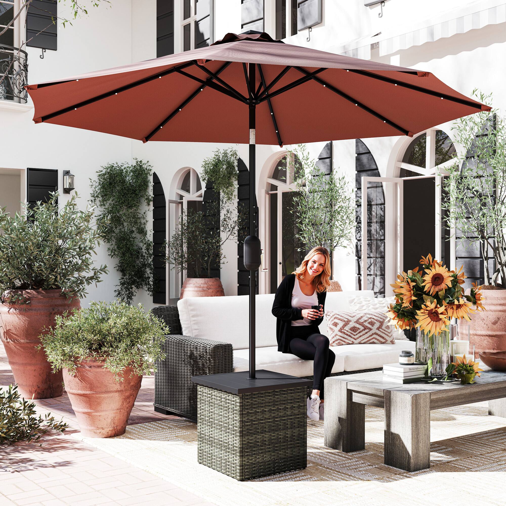 Alt View 1. Outsunny - All Weather Wicker Side Table with 1.5" Umbrella Hole, Square PE Rattan Outdoor End Table with Umbrella Base - Gray.