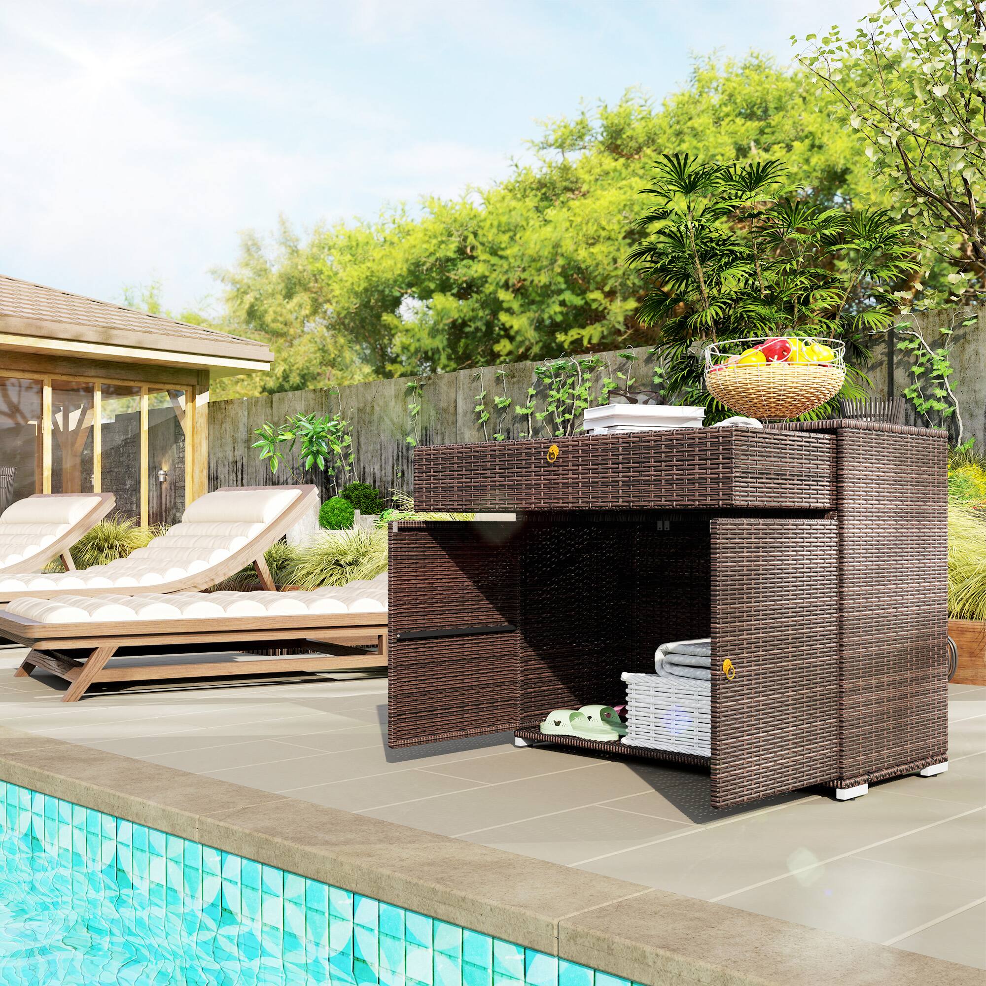 Alt View 1. Outsunny - Storage Cabinet, Waterproof PE Rattan Cabinet with Drawer for Indoor, Outdoor Swimming Pool - Brown.