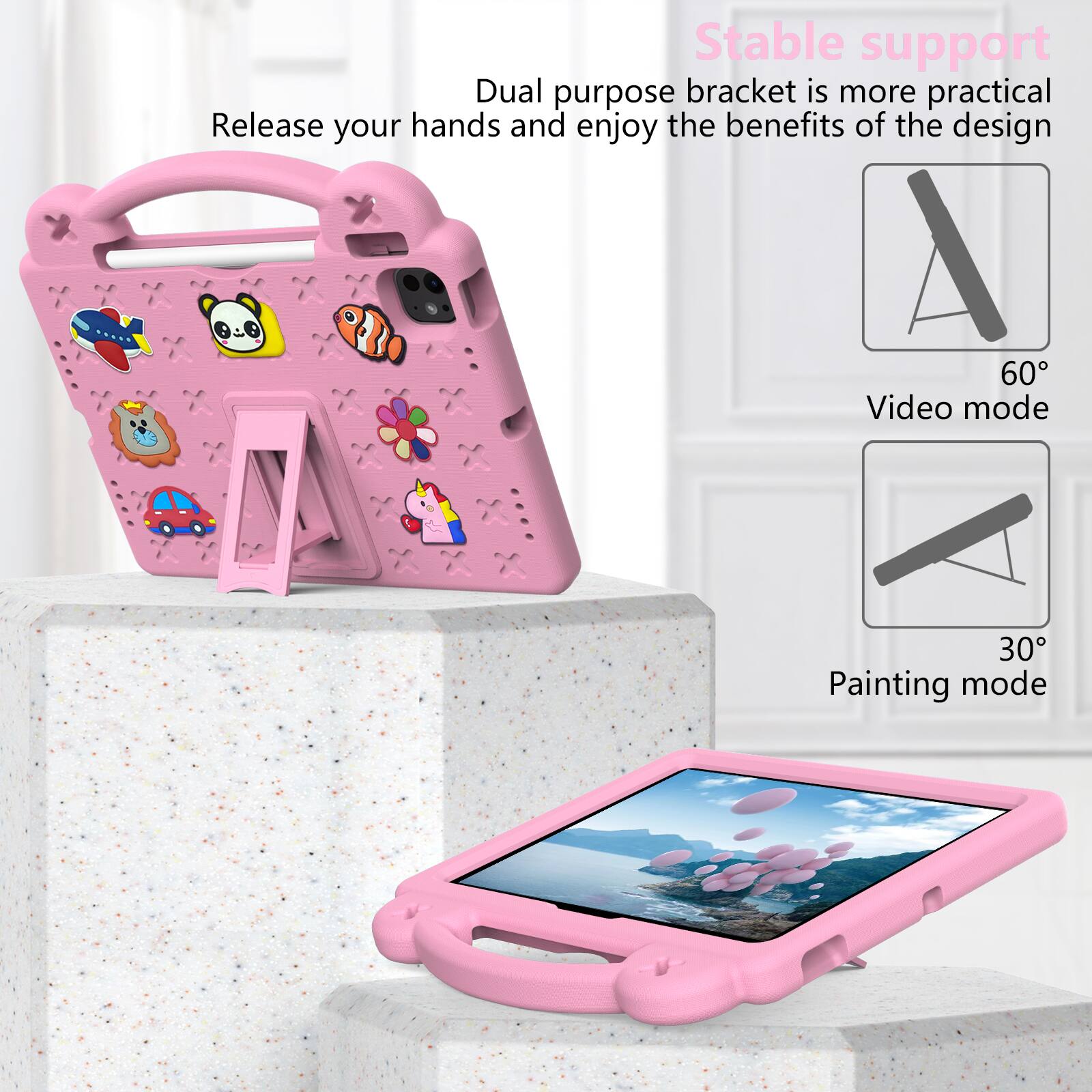 Stable support  
Dual purpose bracket is more practical  
Release your hands and enjoy the benefits of the design  

60° Video mode  
30° Painting mode