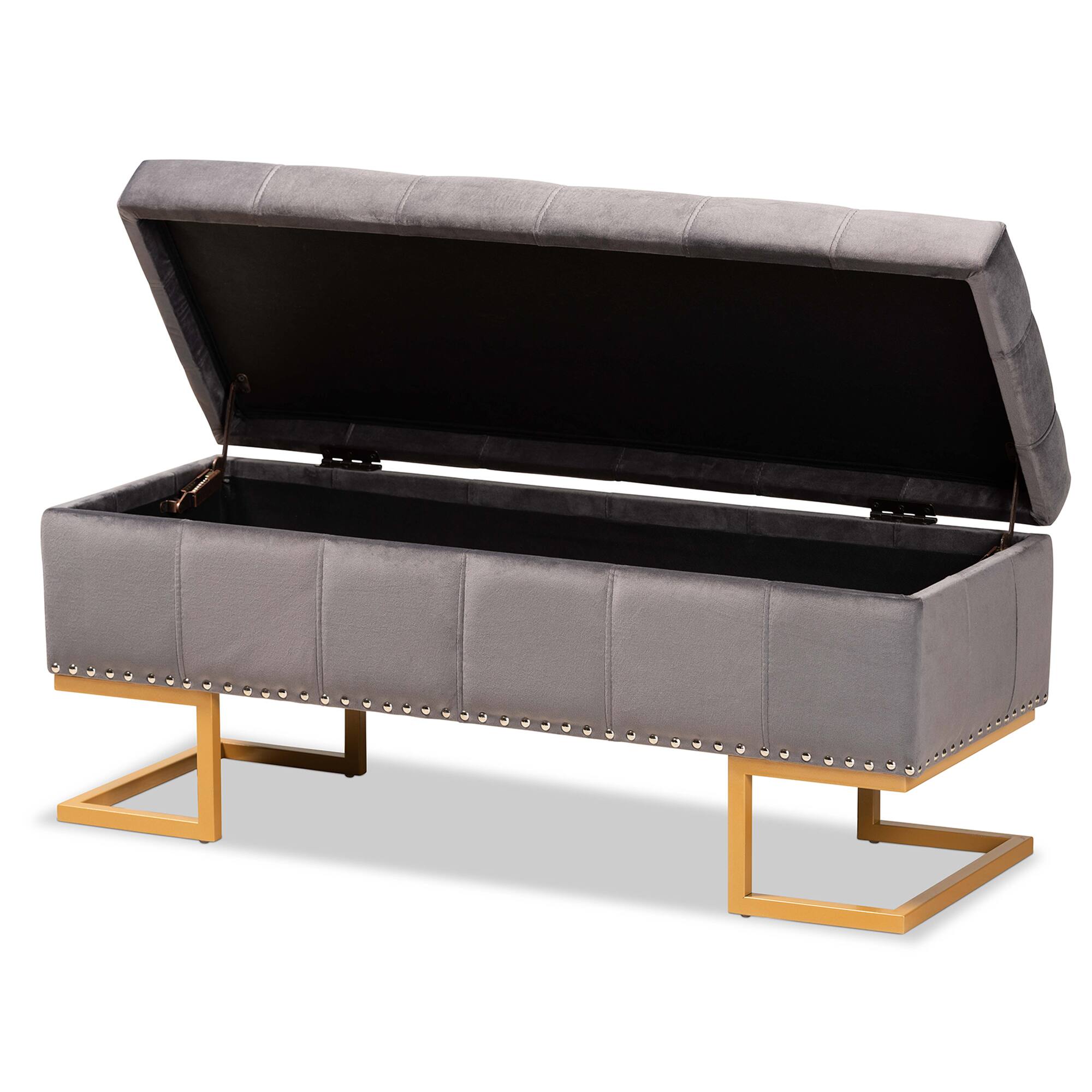 Angle. Baxton Studio - Ellery Luxe and Glam Velvet Fabric Upholstered and Gold Finished Metal Storage Ottoman - Grey/Gold.