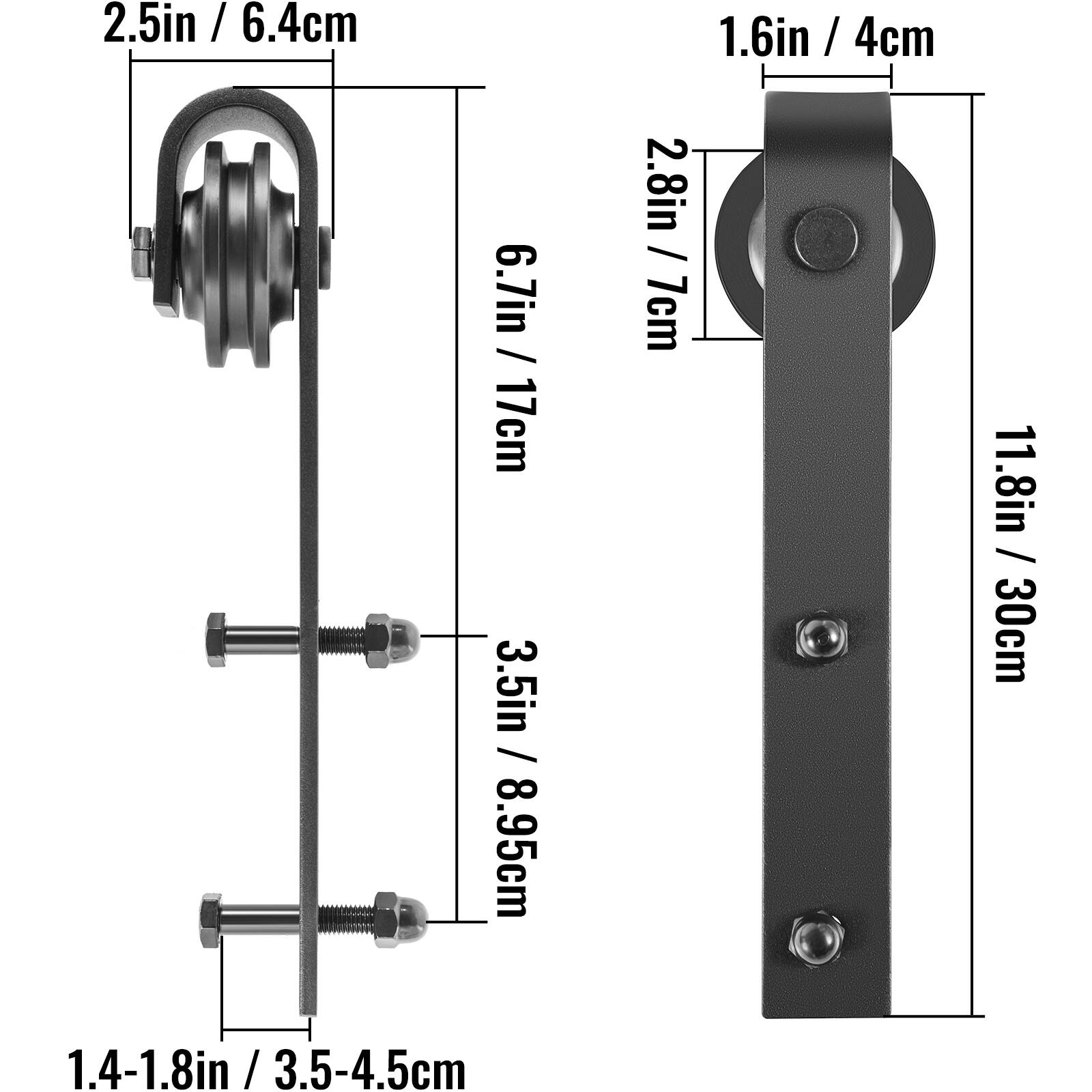 2.5in / 6.4cm  
6.7in / 17cm  
3.5in / 8.95cm  
2.8in / 7cm  
11.8in / 30cm  
1.4-1.8in / 3.5-4.5cm