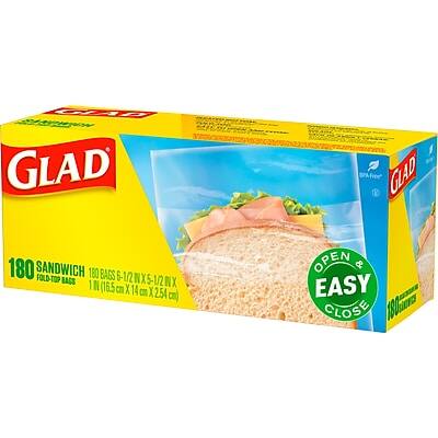 GLAD  
180 SANDWICH FOLD-TOP BAGS  
100 BAGS 6 1/2" X 5 1/2" X 1/2" (16.5 cm X 14 cm X 2.54 cm)  
OPEN & EASY CLOSE