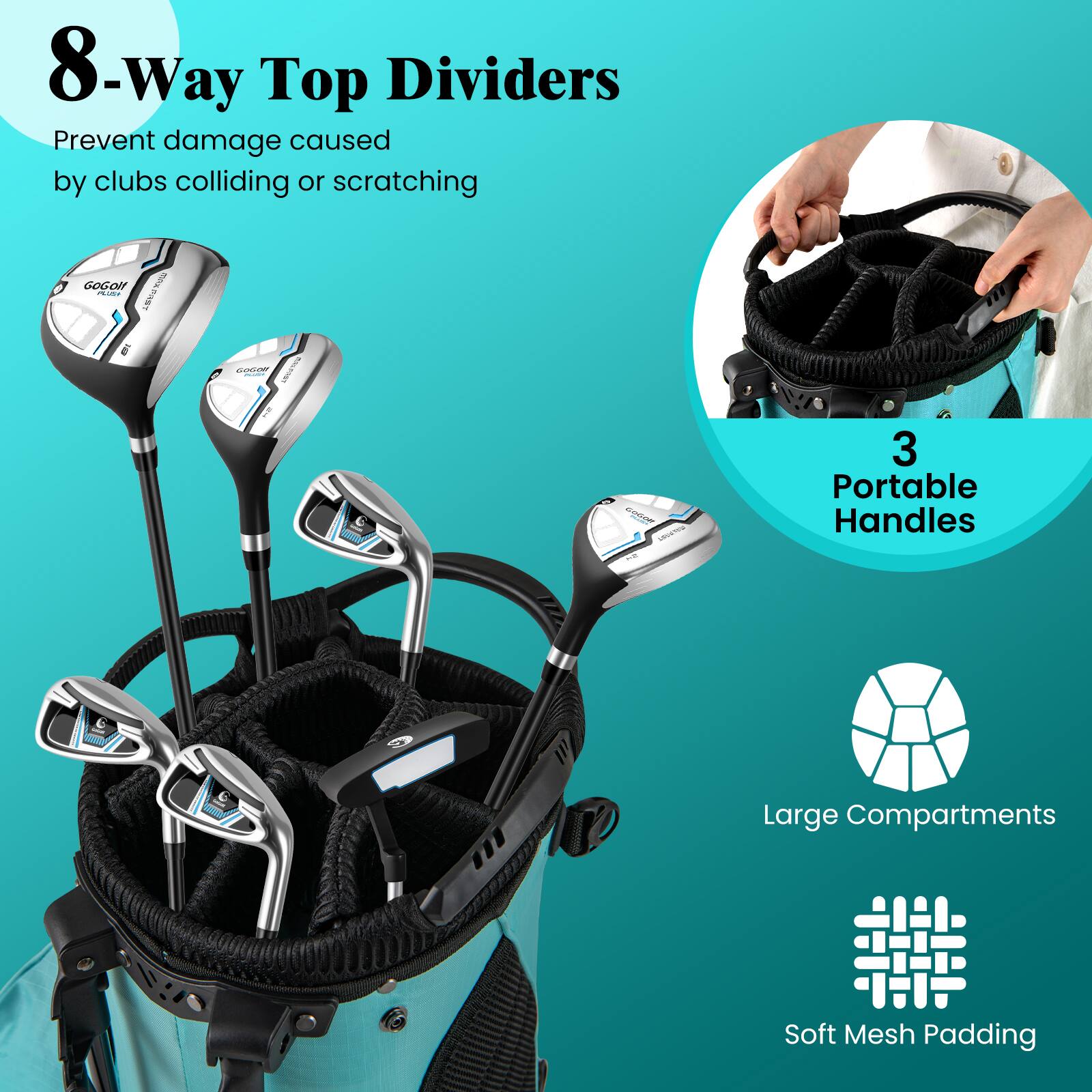 8-Way Top Dividers  
Prevent damage caused by clubs colliding or scratching  

3 Portable Handles  

Large Compartments  

Soft Mesh Padding