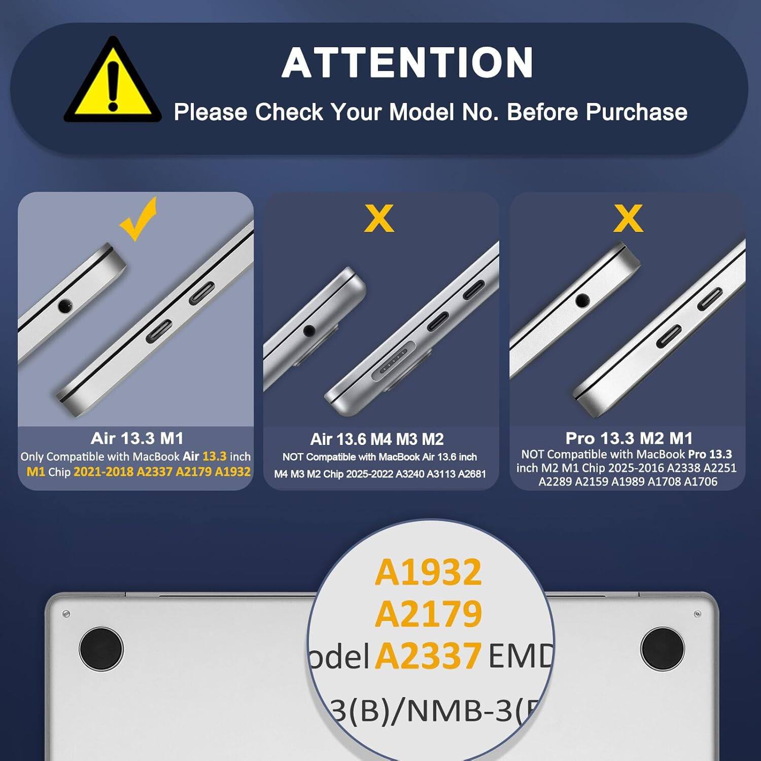 ! ATTENTION Please Check Your Model No. Before Purchase

- Air 13.3 M1: Only Compatible with MacBook Air 13.3 inch M1 Chip 2021-2018 A2337 A2179 A1932
- Air 13.6 M4 M3 M2: NOT Compatible with MacBook Air 13.6 inch M4 M3 M2 Chip 2025-2022 A3240 A3113 A2681
- Pro 13.3 M2 M1: NOT Compatible with MacBook Pro 13.3 inch M2 M1 Chip 2025-2016 A2338 A2251 A2289 A2159 A1989 A1708 A1706 A1932 A2179

Model No.: A1932 A2179 A2337 EMD (B)/NMB-3(