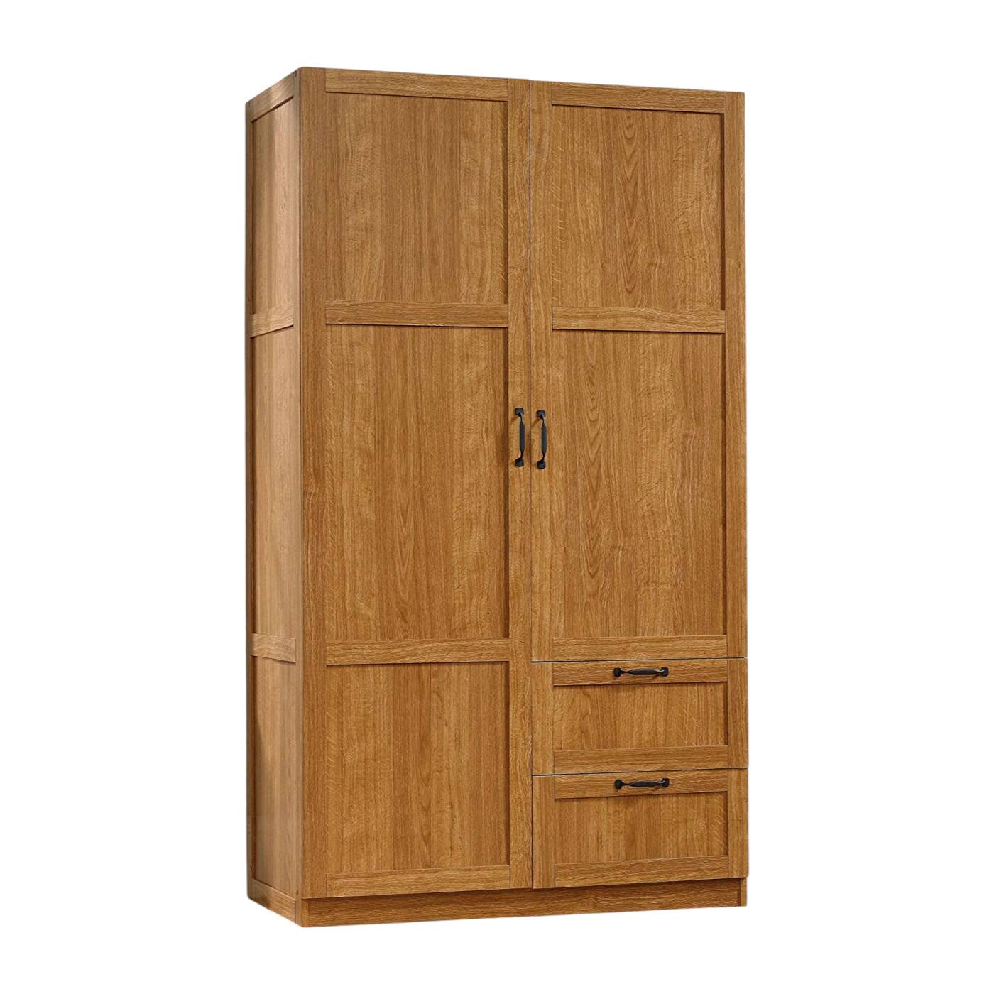 Front. SlickBlue - Freestanding Closet Organizer with Doors and Shelves for Bedroom Storage - Medium Oak.
