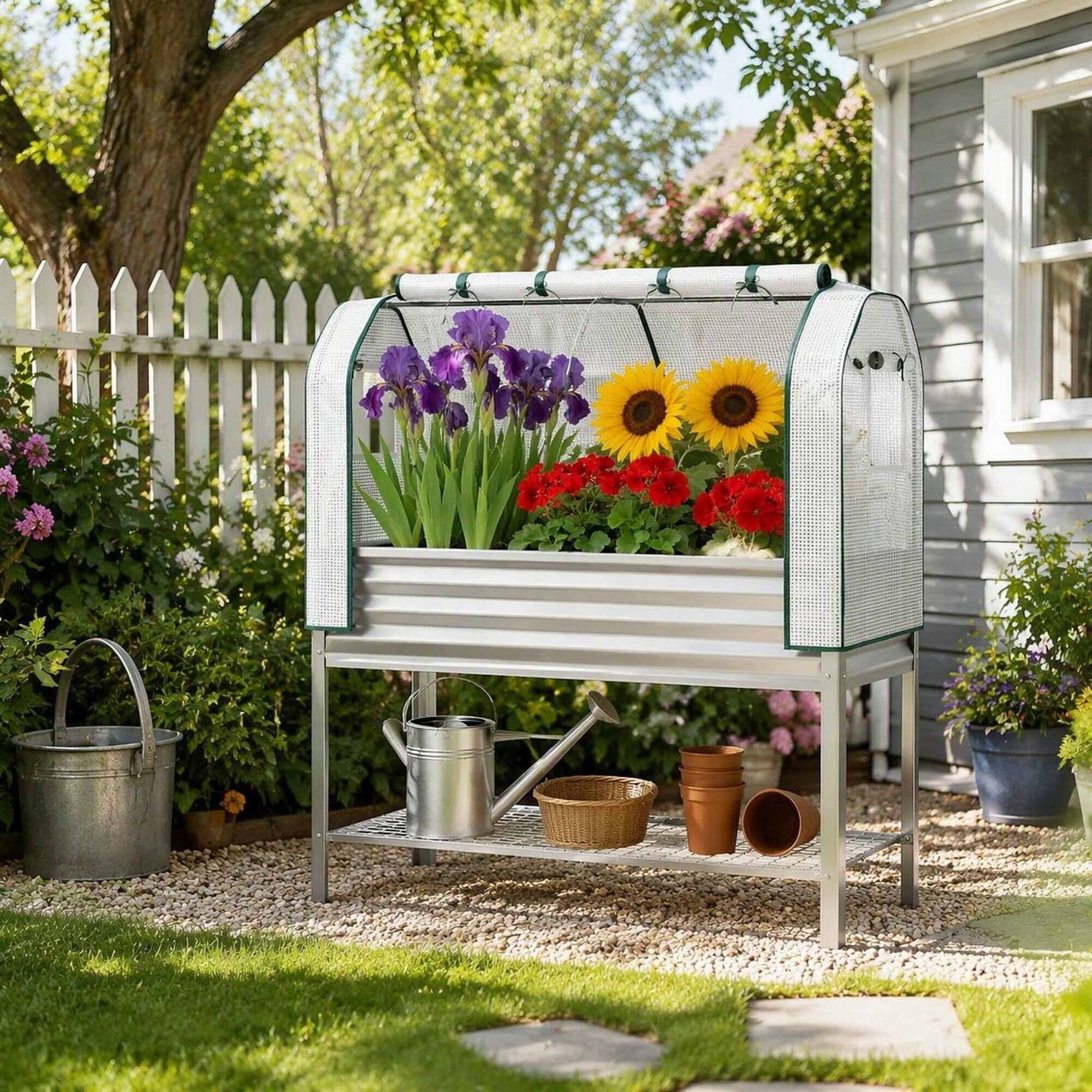 Alt View 2. RYHNUYNE - Raised Garden Bed with Greenhouse Cover, 44 Gal Elevated Planter Box, Galvanized Metal Frame, Silver, Outdoor Use - Silver.