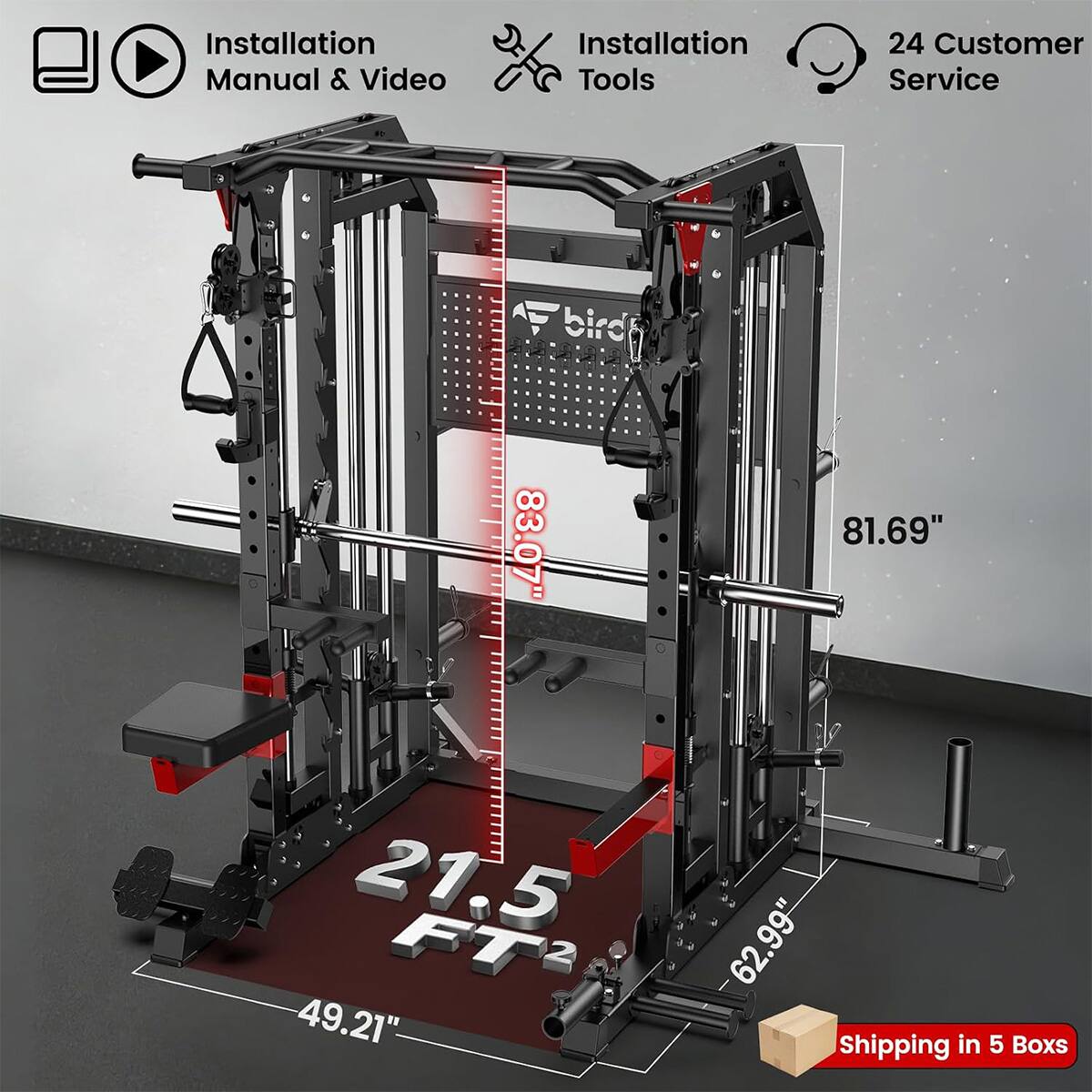 Installation Manual & Video  
Installation Tools  
24 Customer Service  

bird  
83.07"  
81.69"  
21.5 FT²  
49.21"  
62.99"  
Shipping in 5 Boxes