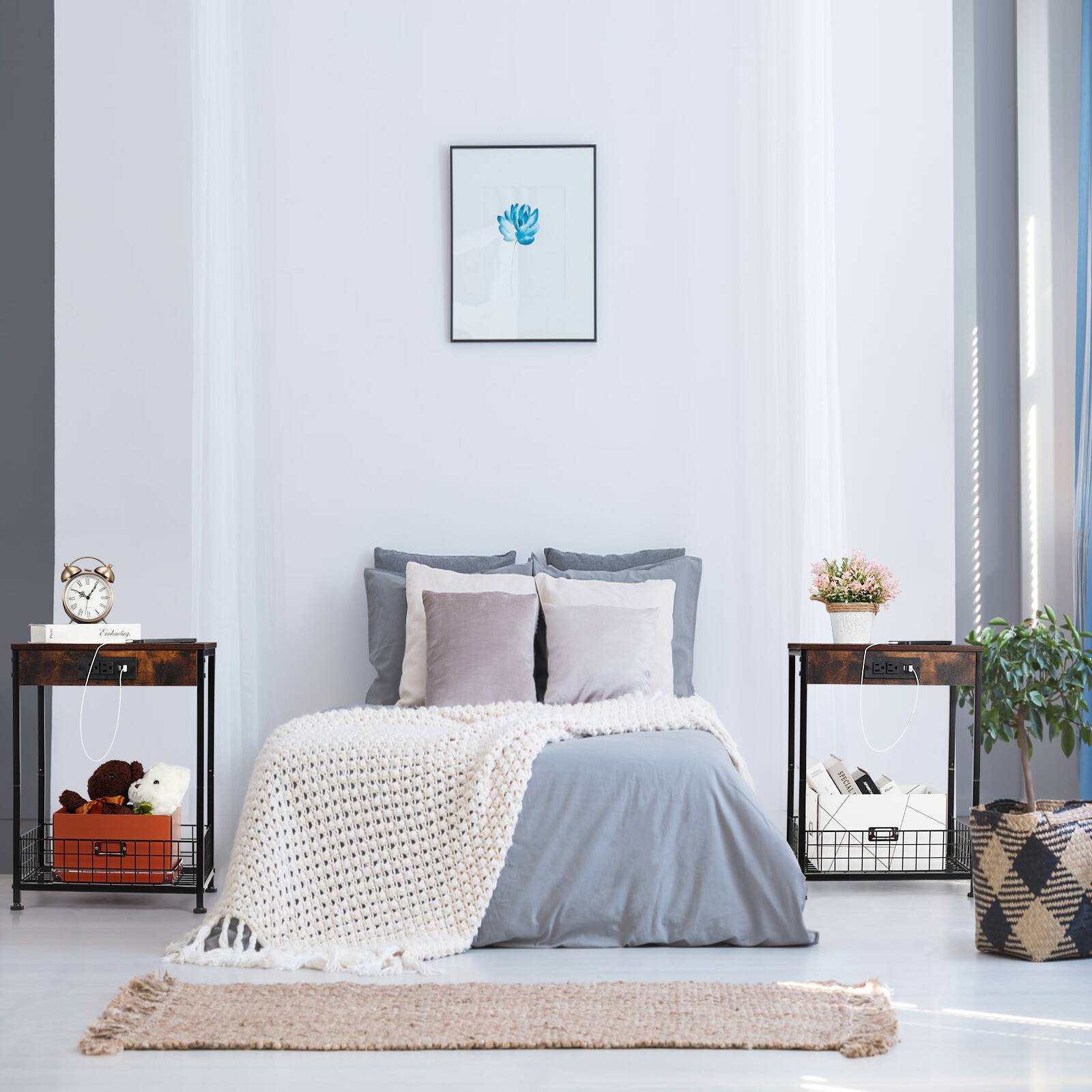 Alt View 2. Oumilen - Set of 2 Rustic Brown Nightstands with Charging Station, Industrial End Tables with Wire Basket Shelf - Rustic Brown.