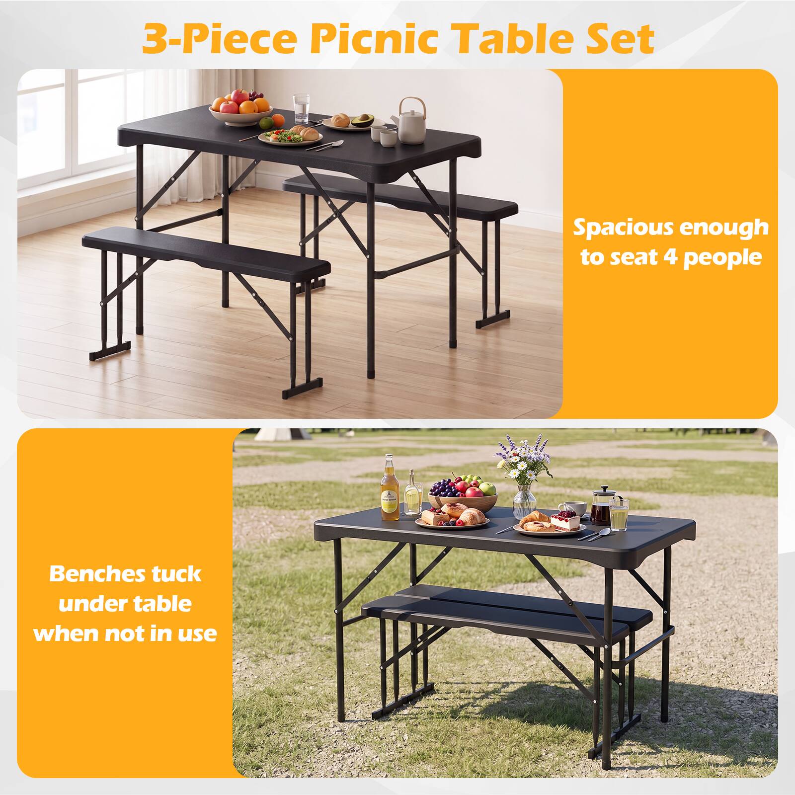 3-Piece Picnic Table Set

Spacious enough to seat 4 people

Benches tuck under table when not in use