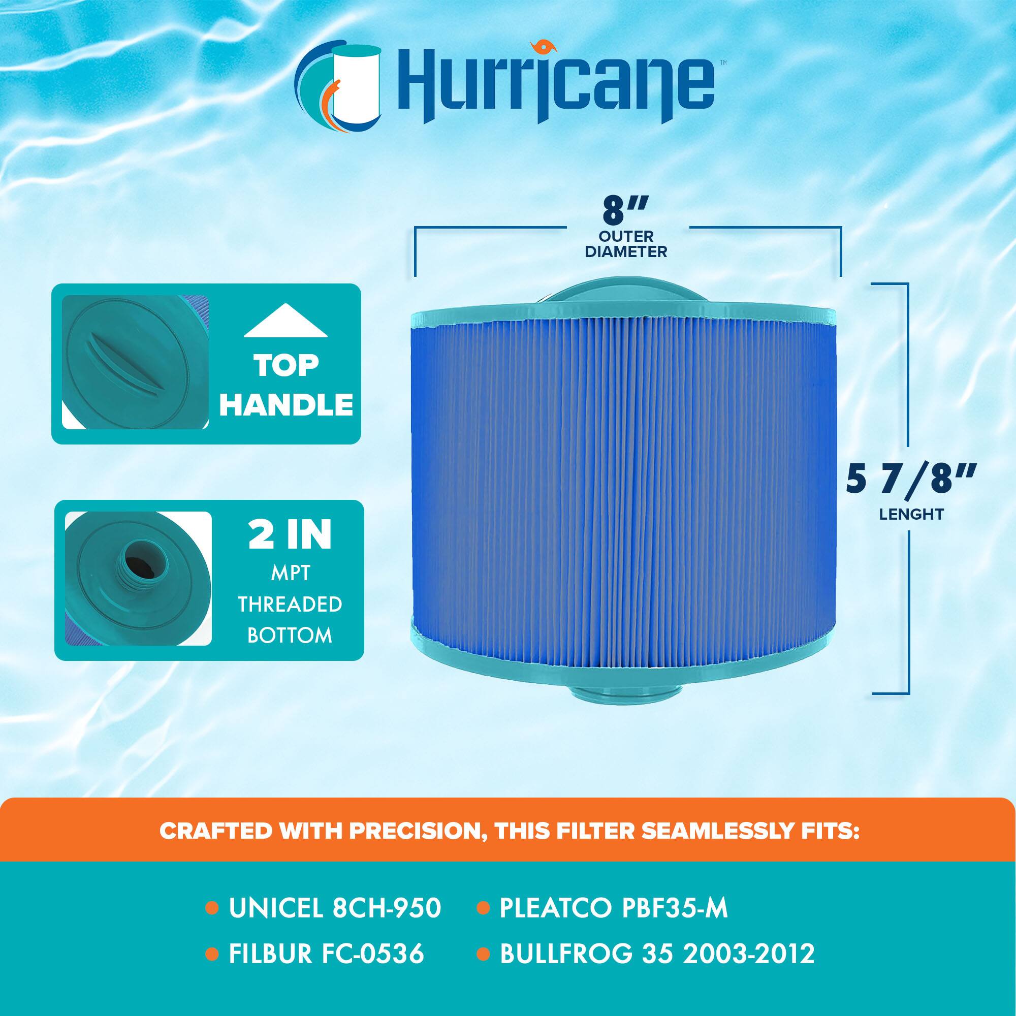 Hurricane

8" OUTER DIAMETER

TOP HANDLE

2 IN MPT THREADED BOTTOM

5 7/8" LENGTH

CRAFTED WITH PRECISION, THIS FILTER SEAMLESSLY FITS:

- UNICEL 8CH-950
- FILBUR FC-0536
- PLEATCO PBF35-M
- BULLFROG 35 2003-2012