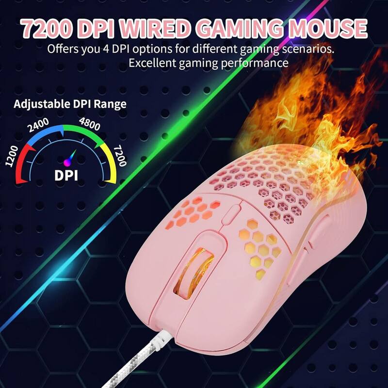 7200 DPI WIRED GAMING MOUSE  
Offers you 4 DPI options for different gaming scenarios.  
Excellent gaming performance  

Adjustable DPI Range  
2400 4800 1200 7200 DPI