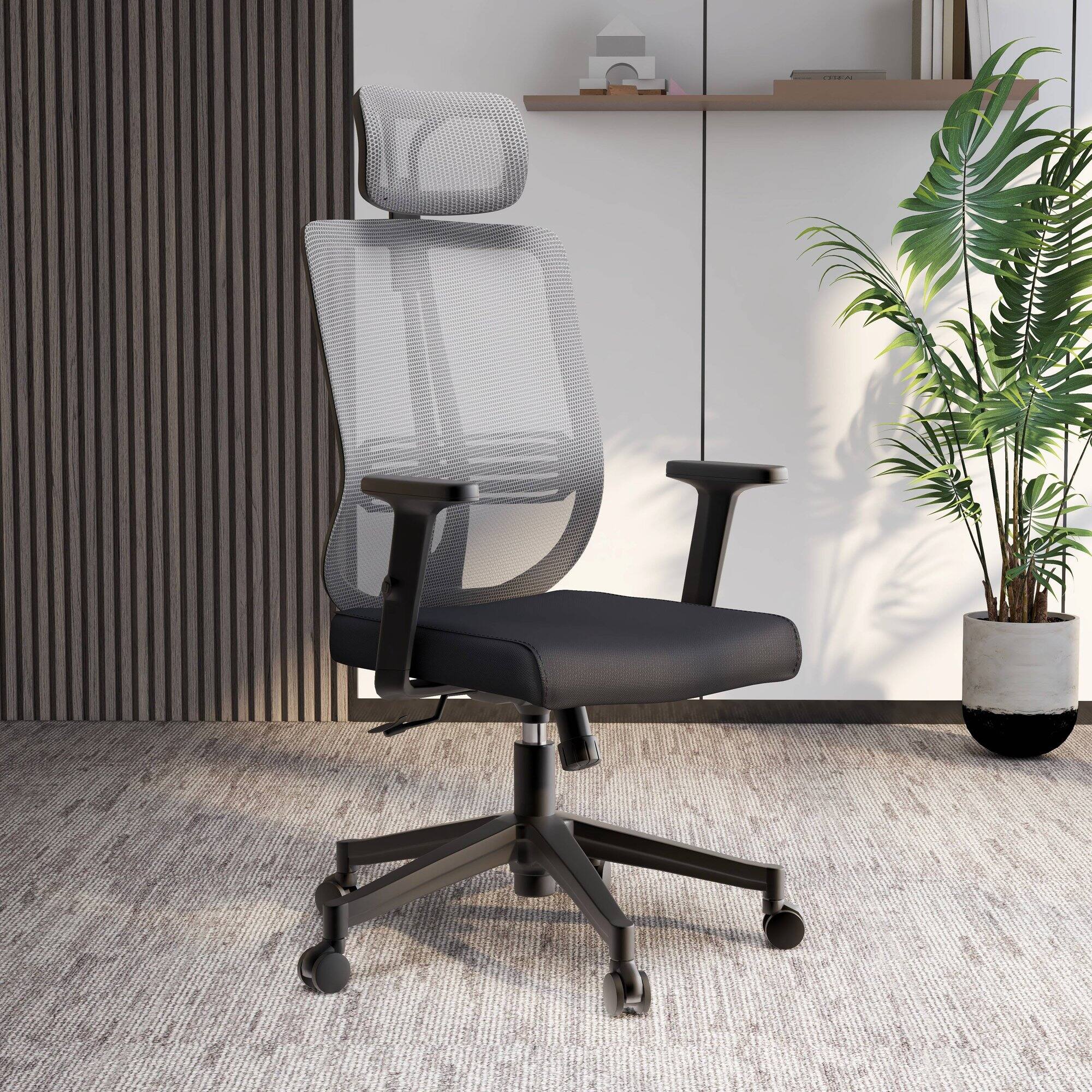 Left. LeisureMod - Nift Mesh Office Desk Chair with Headrest, Adjustable Height, Tilt, Armrests & Durable ABS Frame - White.