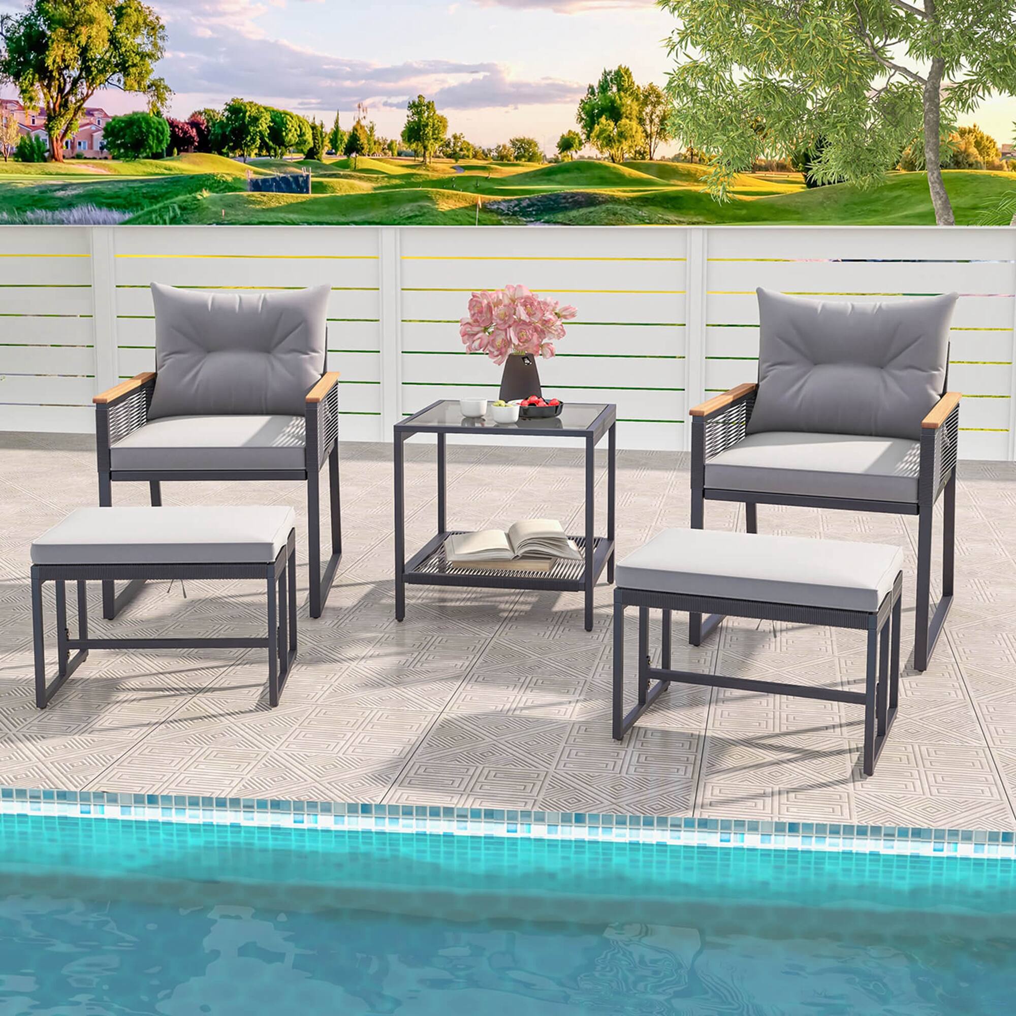 Alt View 3. Costway - Costway 5 Piece Outdoor Conversation Set Rattan Armchairs with 2-Layer Side Table - Gray,Black.