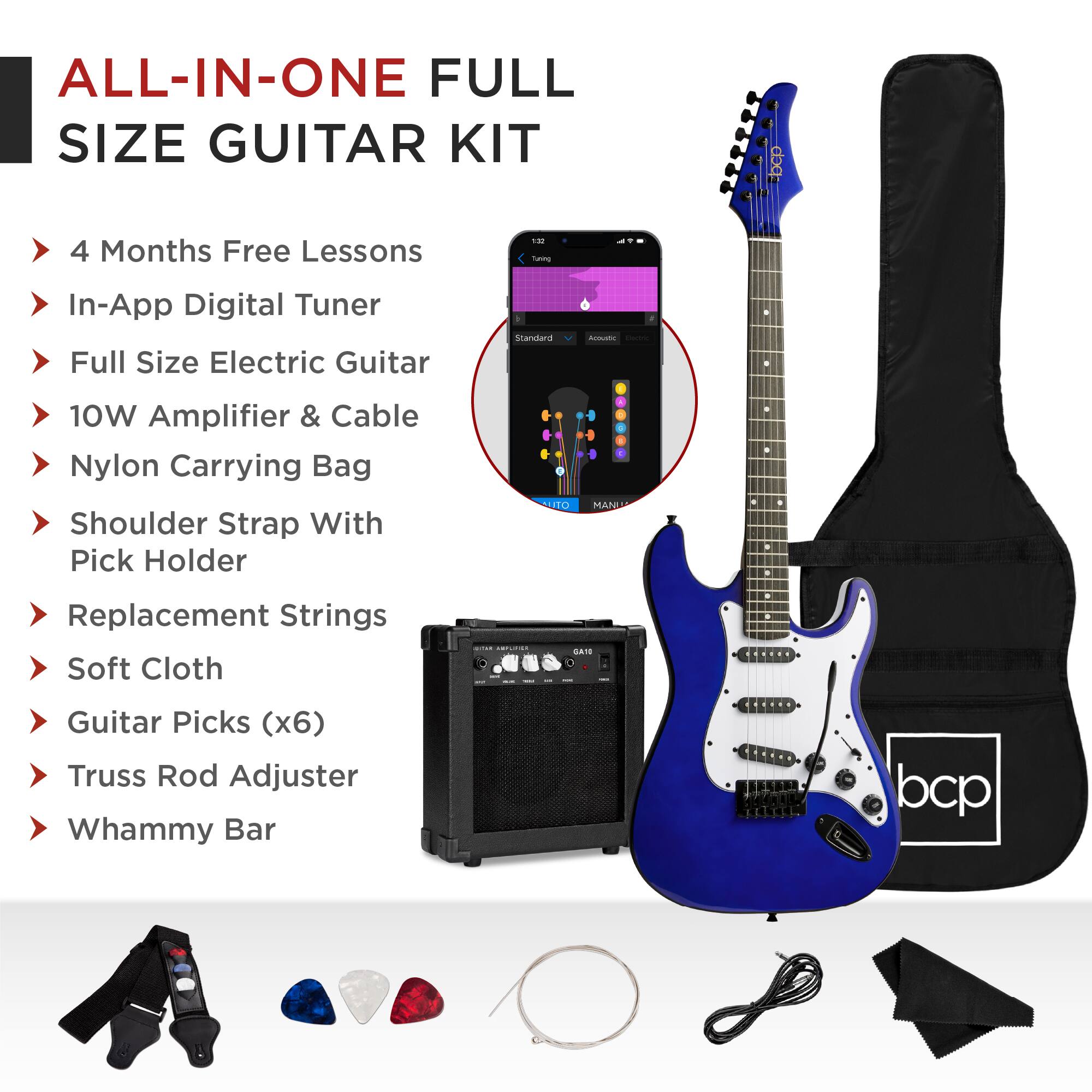 ALL-IN-ONE FULL SIZE GUITAR KIT

- 4 Months Free Lessons
- In-App Digital Tuner
- Full Size Electric Guitar
- 10W Amplifier & Cable
- Nylon Carrying Bag
- Shoulder Strap With Pick Holder
- Replacement Strings
- Soft Cloth
- Guitar Picks (x6)
- Truss Rod Adjuster
- Whammy Bar