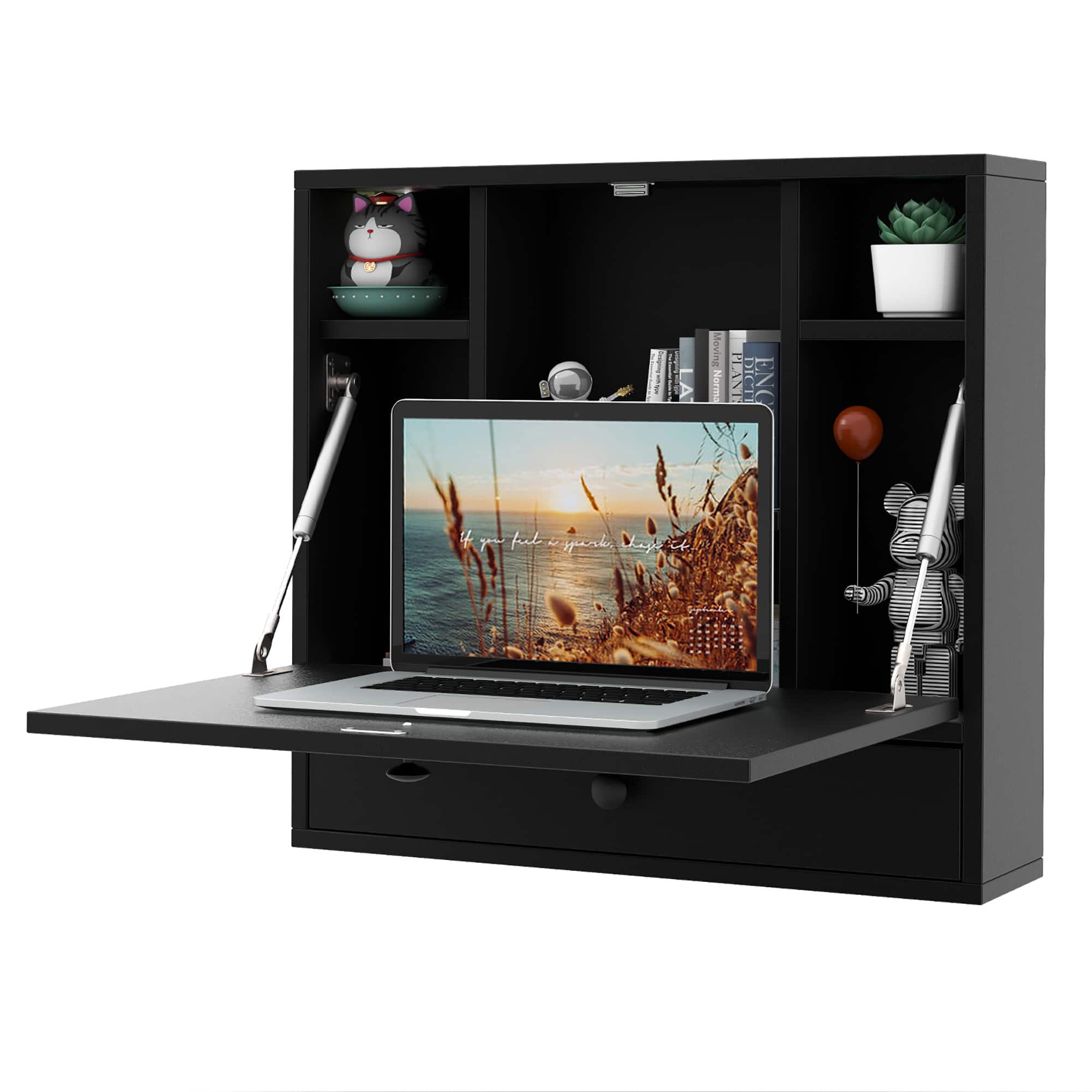 Gymax - Wall-mounted Desk Floating Computer Workstation w/ Storage Shelves Home Office - Black