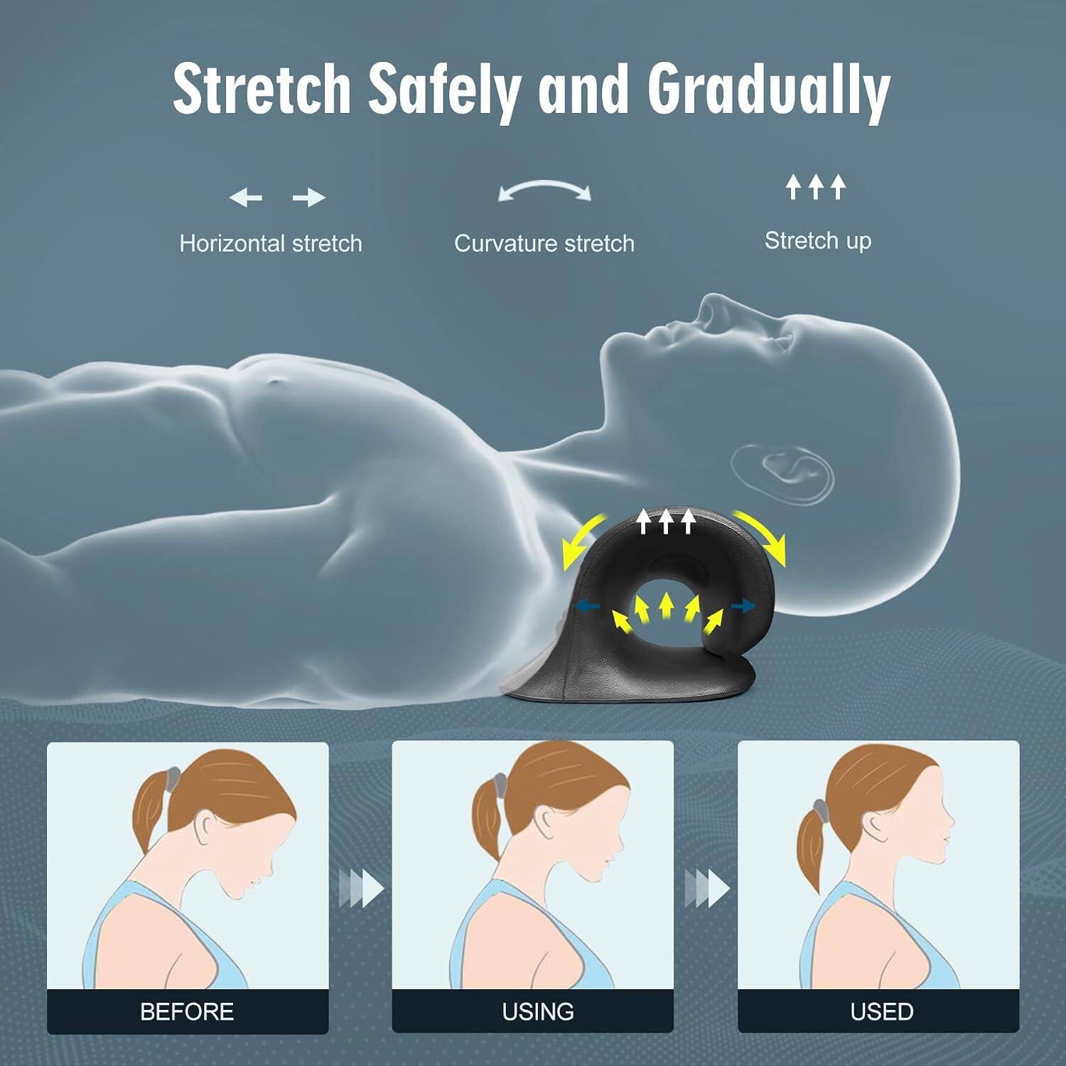 Stretch Safely and Gradually

Horizontal stretch
Curvature stretch
Stretch up

BEFORE
USING
USED