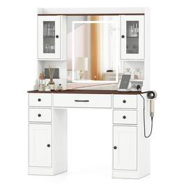 Costway - 41.5" Vanity Desk with Mirror Lights Power Outlets Hair Dryer Rack Storage Shelves - White,Walnut