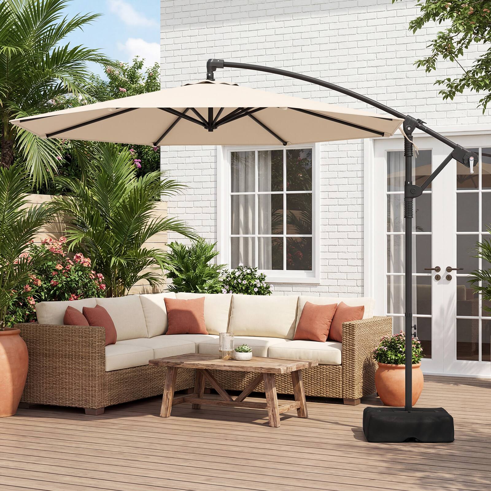 Alt View 3. Costway - Costway 10 FT Offset Hanging Umbrella with Base Patio Cantilever Umbrella 360° Rotation - Beige.