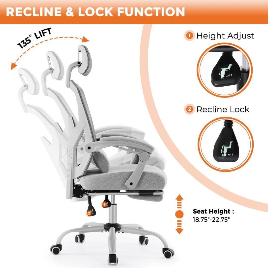 RECLINE & LOCK FUNCTION

135° LIFT

1. Height Adjust
2. Recline Lock

Seat Height: 18.75"-22.75"