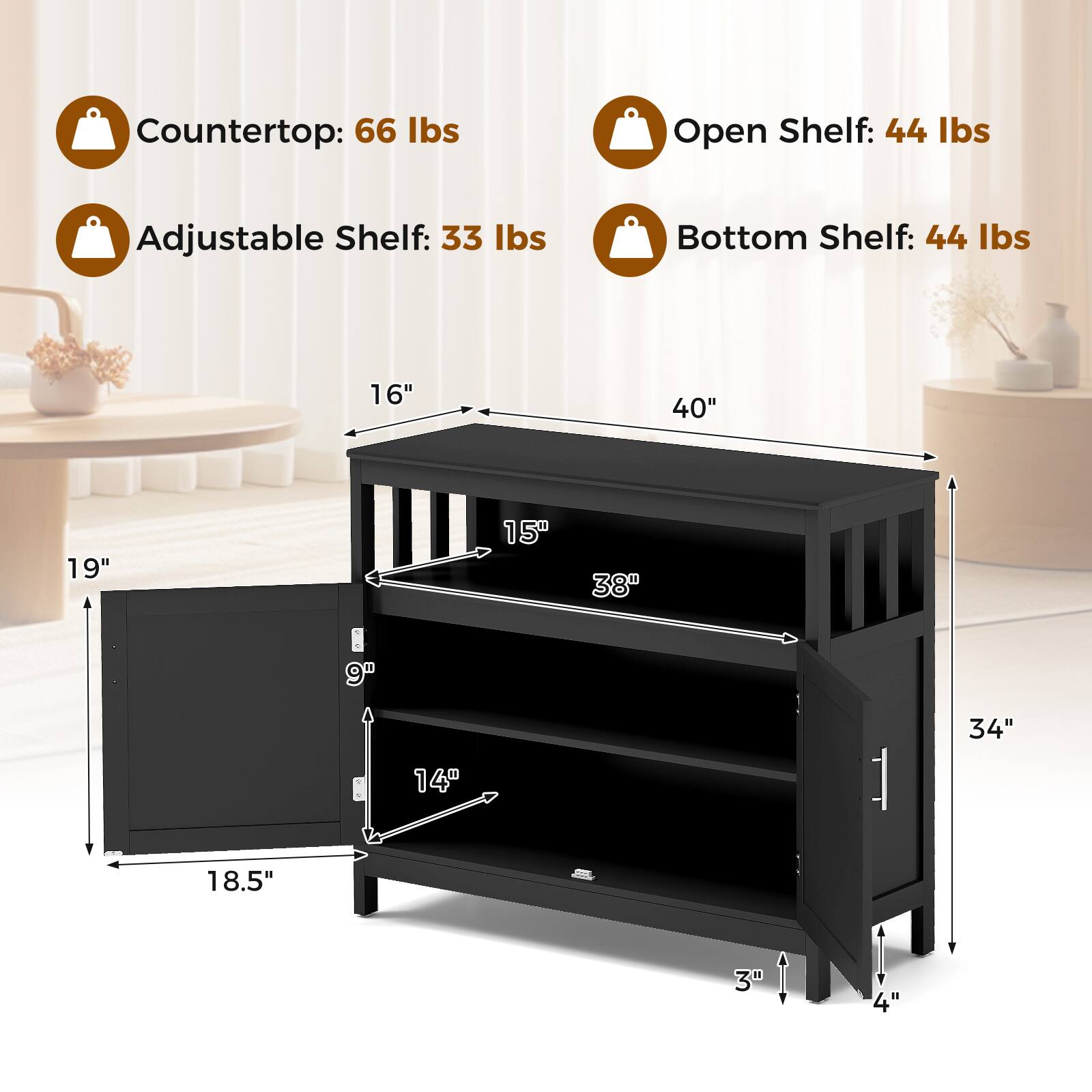 Countertop: 66 lbs  
Open Shelf: 44 lbs  
Adjustable Shelf: 33 lbs  
Bottom Shelf: 44 lbs  

Dimensions:  
- Width: 40"  
- Depth: 16"  
- Height: 38"  
- Drawer Width: 18.5"  
- Drawer Depth: 19"  
- Drawer Height: 9"  
- Adjustable Shelf Height: 14"  
- Bottom Shelf Height: 34"  
- Side Height: 3"  
- Leg Height: 4"