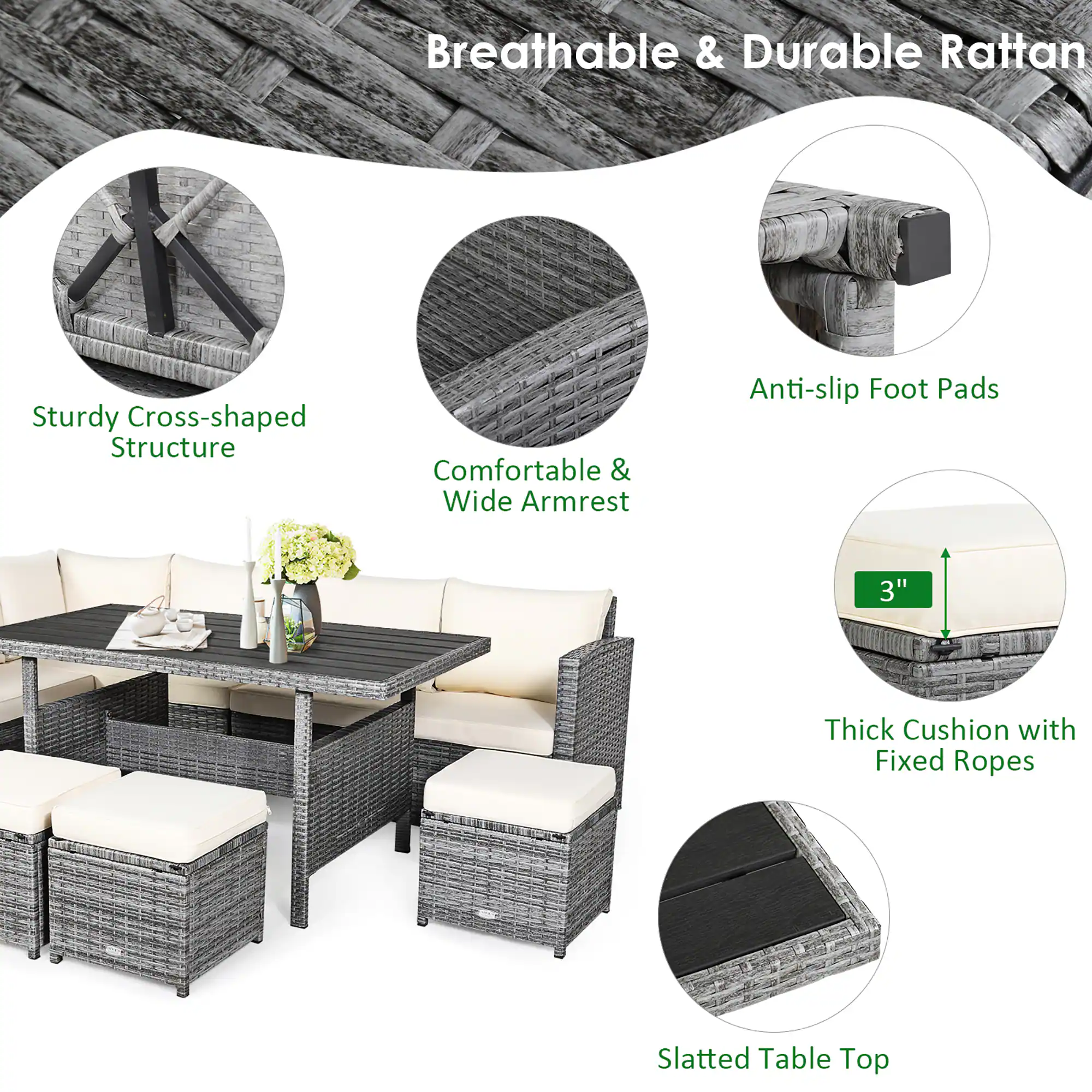 Breathable & Durable Rattan: Sturdy Cross-shaped Structure, Comfortable & Wide Armrest, Anti-slip Foot Pads, 3" Thick Cushion with Fixed Ropes, Slatted Table Top.