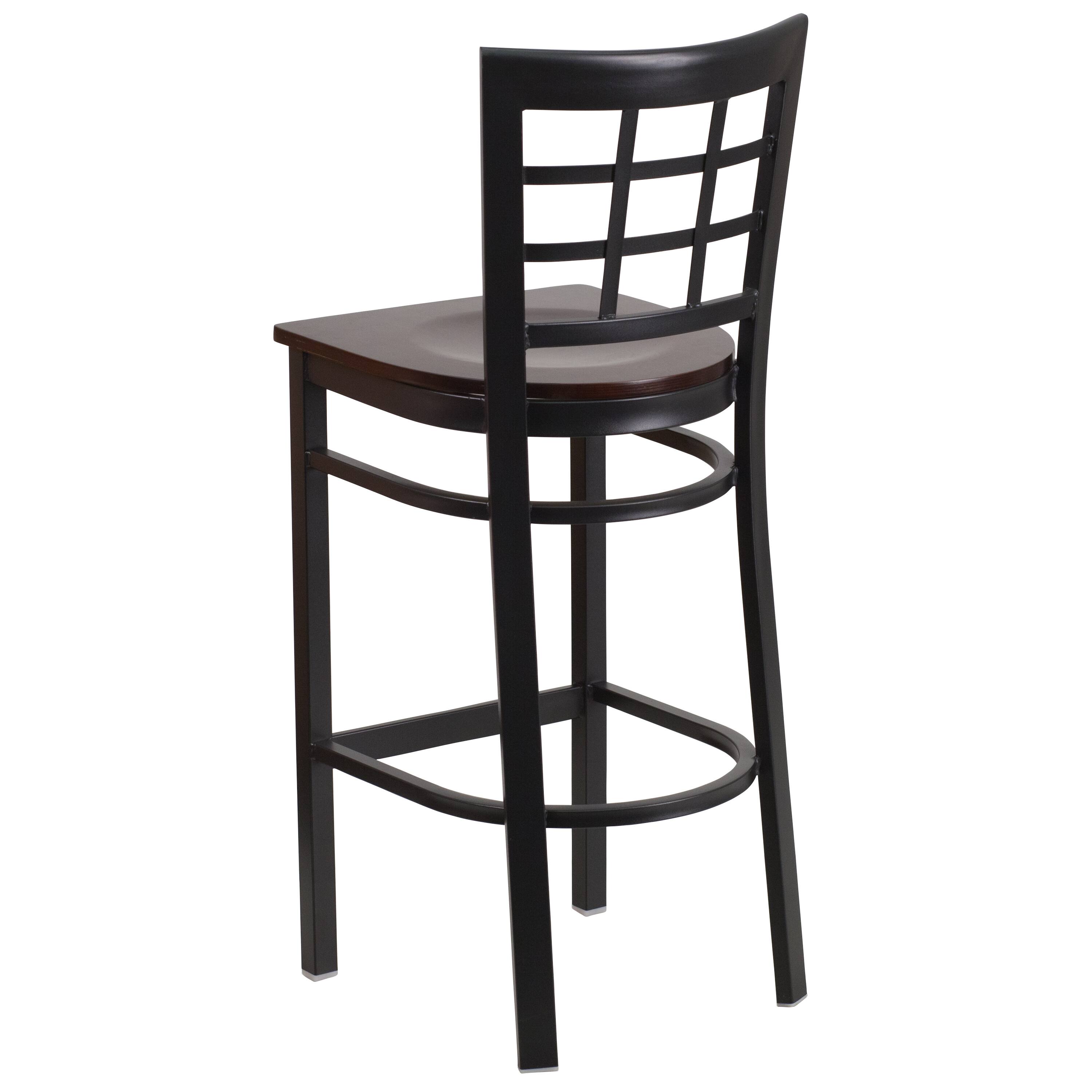 Alt View 3. Emma + Oliver - Window Back Metal Restaurant Dining Barstool - Walnut Wood Seat/Black Metal Frame.