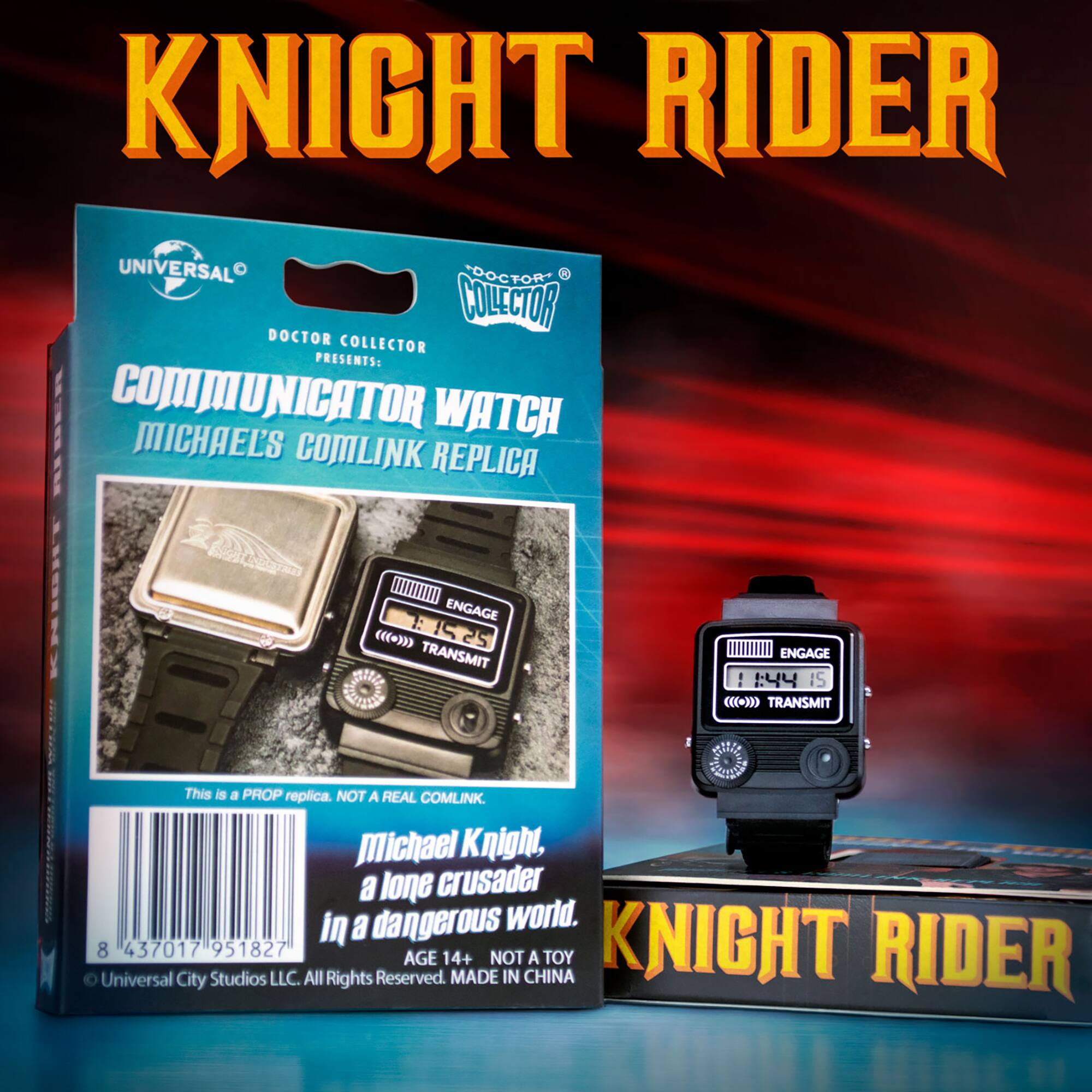 Knight Rider Communicator Watch Michael's Comlink Replica. This is a prop replica. Not a real Comlink. Michael Knight, a lone crusader in a dangerous world. Ages 14+. Made not in China.