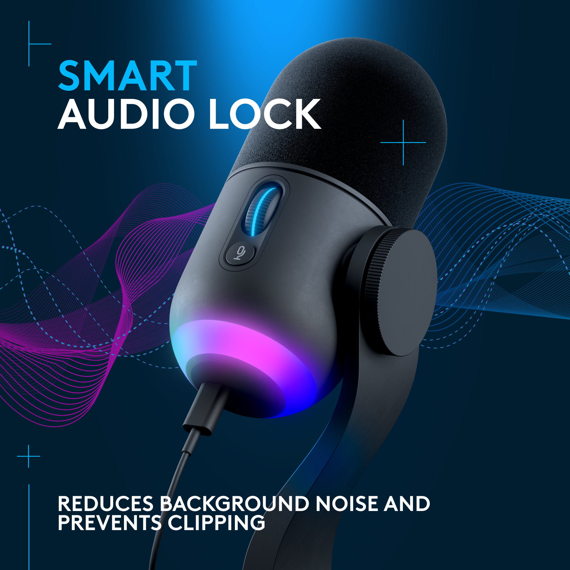 SMART AUDIO LOCK + REDUCES BACKGROUND NOISE AND PREVENTS CLIPPING