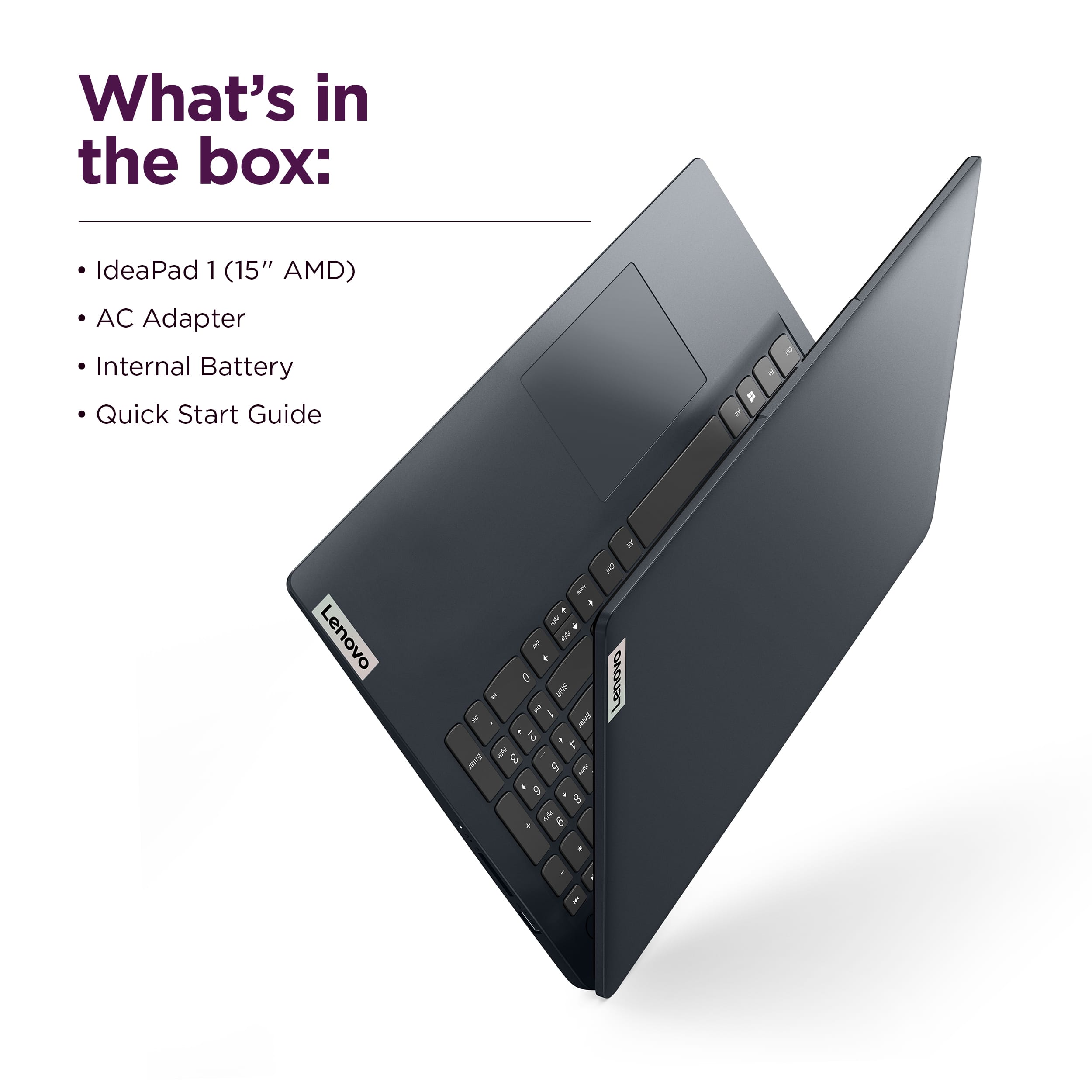 What's in the box: IdeaPad 1 (15" AMD) AC Adapter, Internal Battery, Quick Start Guide.