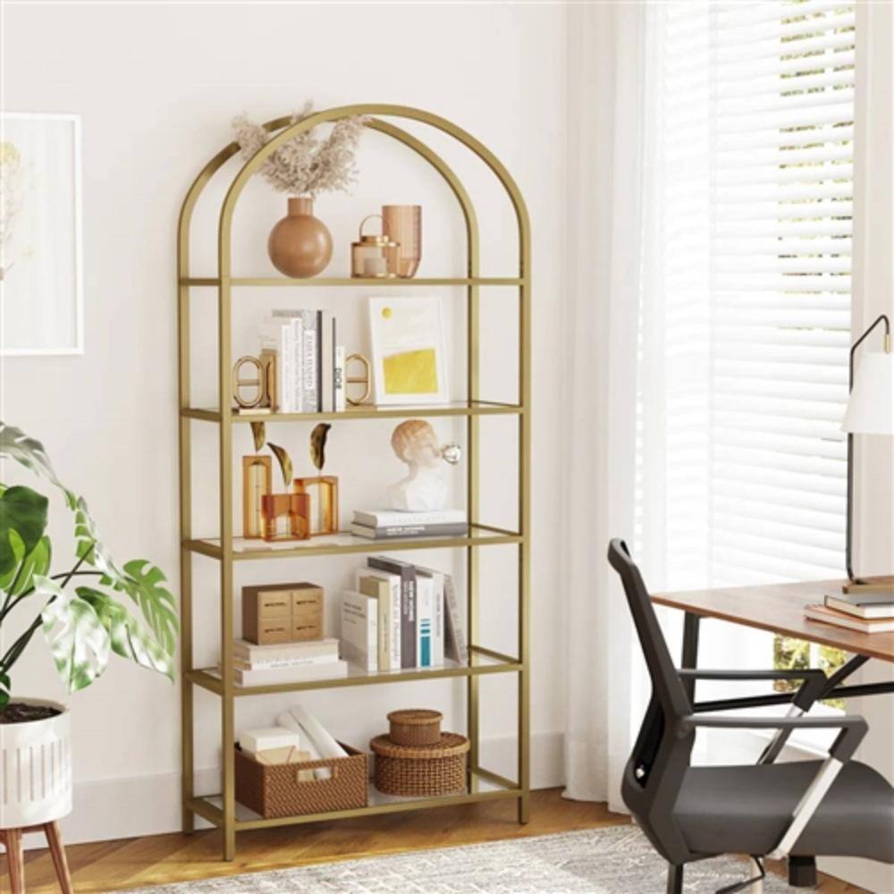 Angle. Hivvago - Modern Gold Metal Arched Top Display Rack Bookcase with 5 Glass Storage Shelves - Gold.