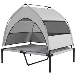 Pawhut - Dog Bed with Removable Canopy, Portable Outside Raised Pet Cot with Cooling Pad, Storage Bag - Light Gray