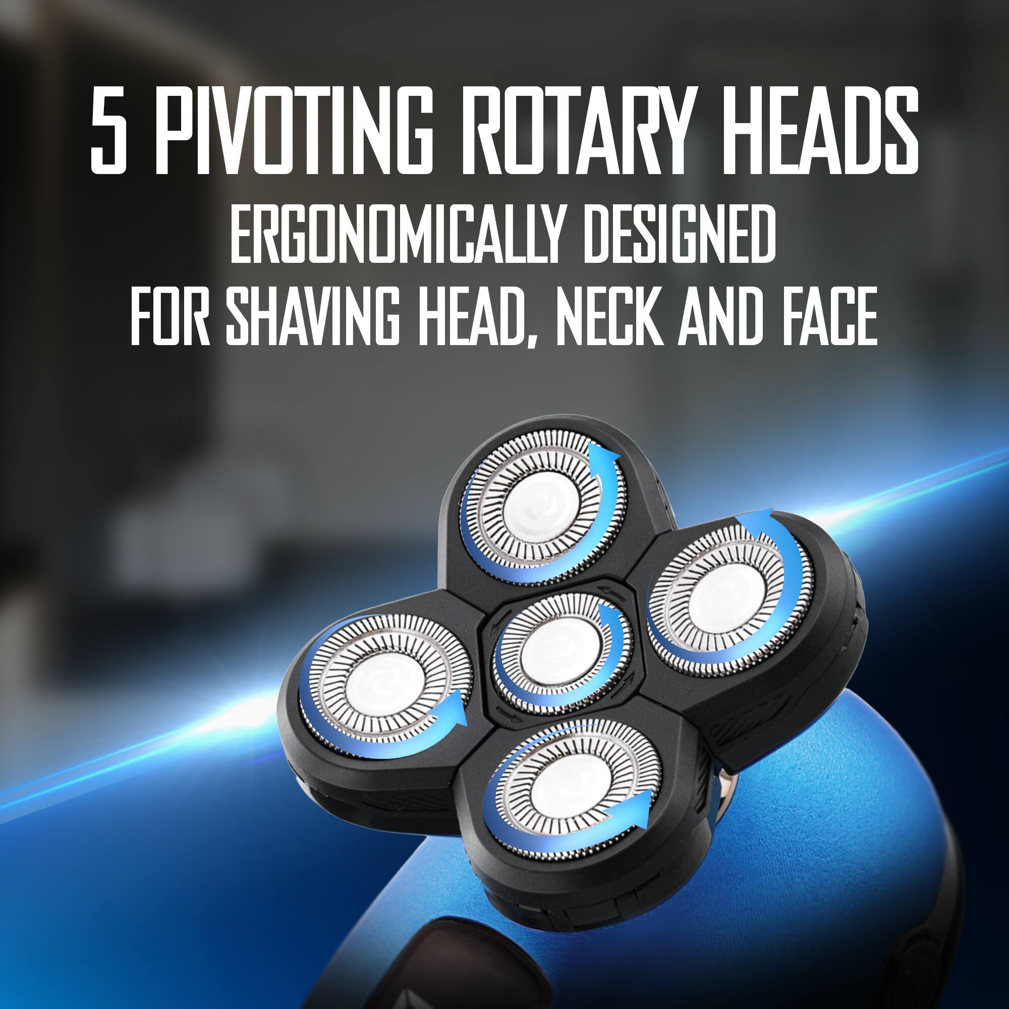 5 PIVOTING ROTARY HEADS ERGONOMICALLY DESIGNED FOR SHAVING HEAD, NECK AND FACE