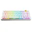The image shows a white keyboard with a colorful rainbow design on the keys. The keys are arranged in a standard layout, with letters and numbers visible. The keyboard is designed to be used with a computer, and it is likely intended for aesthetic purposes, as the rainbow design adds a fun and unique touch to the device.