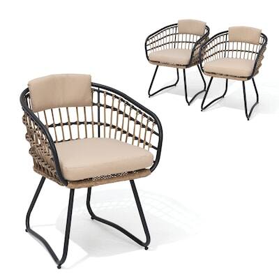 Front. Crestlive Products - Crestlive Products Set of 3 Black Steel Frame Stationary Dining Chair Beige PE Rattan Wicker Cushioned Seat - Beige-3PC.