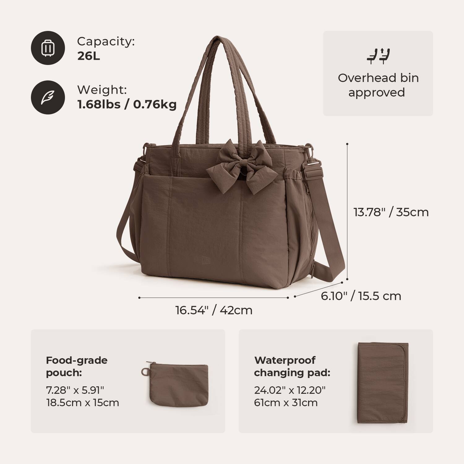 Capacity: 26L  
Weight: 1.68lbs / 0.76kg  
Overhead bin approved  

13.78" / 35cm  
16.54" / 42cm  
6.10" / 15.5 cm  

Food-grade pouch: 7.28" x 5.91" / 18.5cm x 15cm  
Waterproof changing pad: 24.02" x 12.20" / 61cm x 31cm