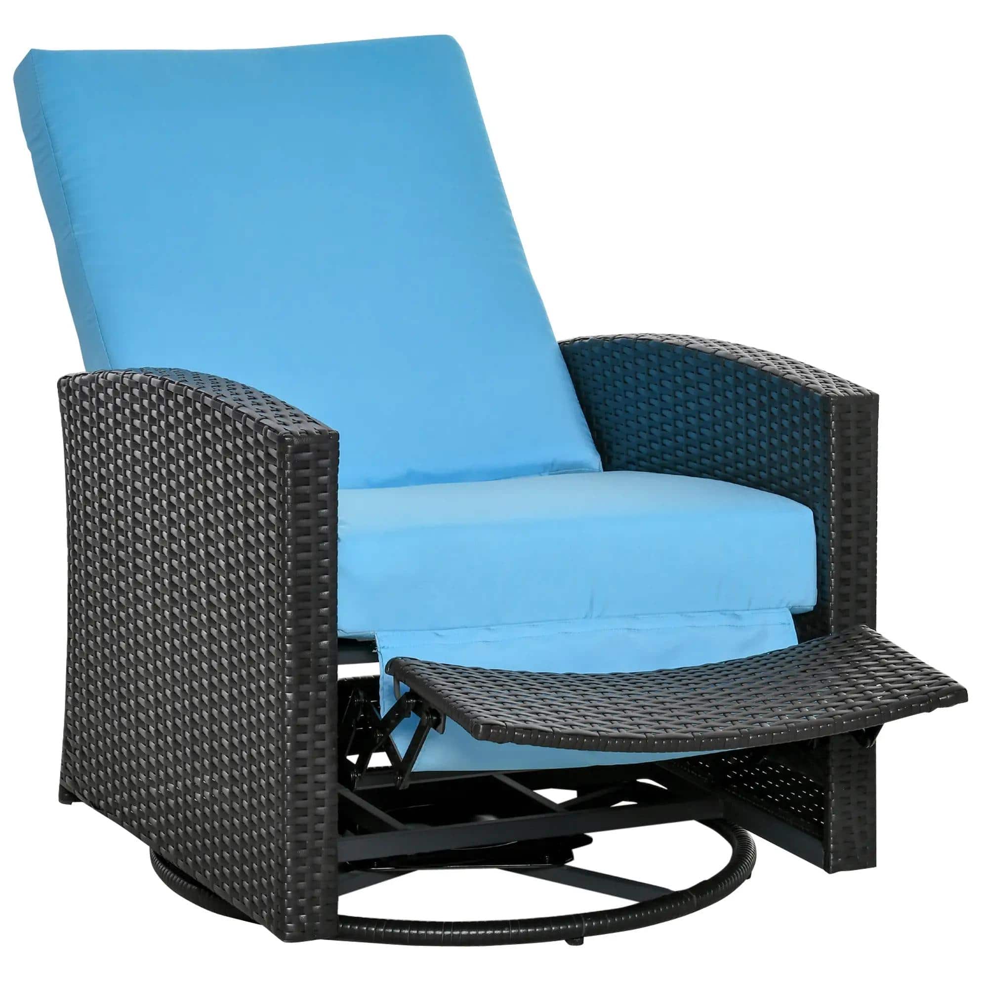 Resenkos - Wicker Swivel Recliner, Comfortable Back & Footrest, 360° Rotating, Durable Outdoor Cushions - Light Blue
