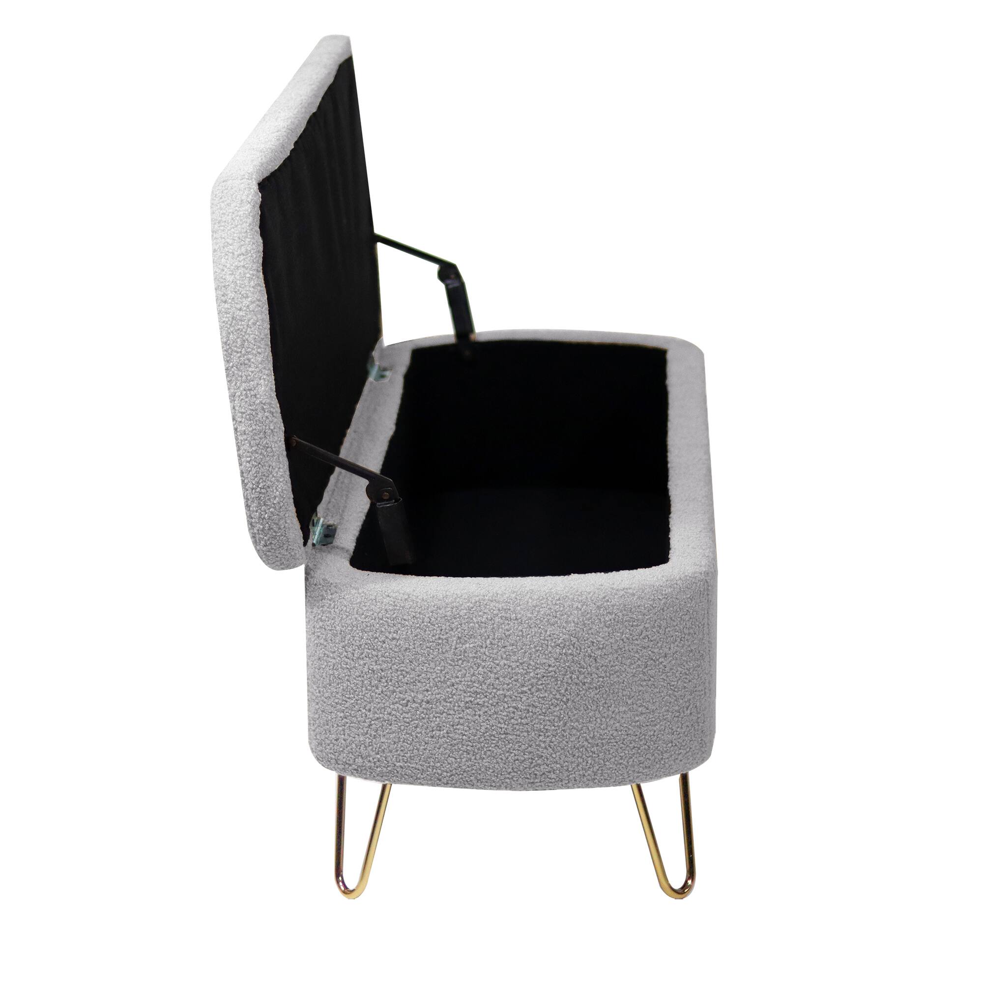 Left. Lirago - 39" W Dressing Chair Storage Bench - Faux Fur Padded Upholstered with Gold Legs - Grey.