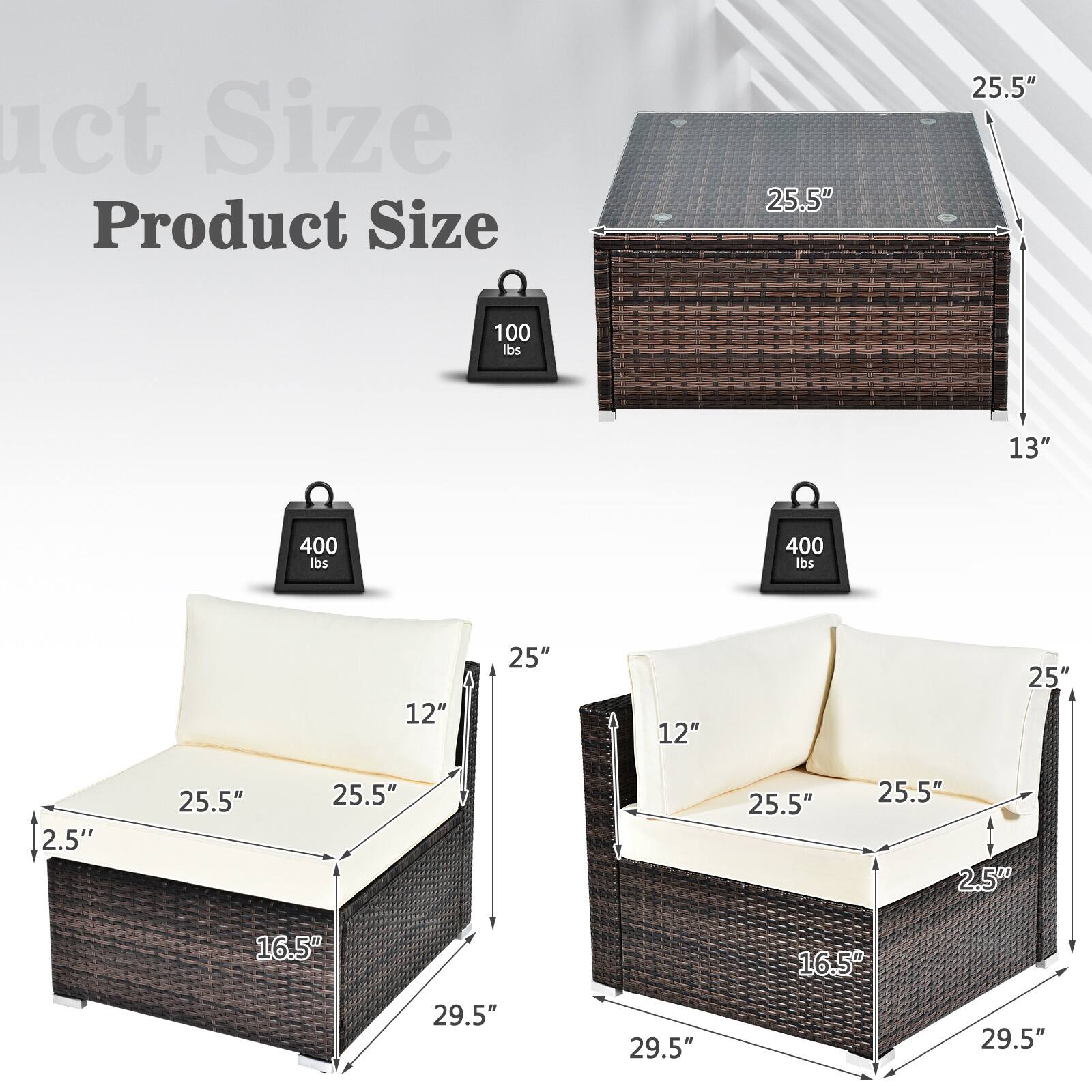 Product Size

- 25.5" x 25.5" x 13" (100 lbs)
- 25.5" x 25.5" x 12" (400 lbs)
- 25.5" x 25.5" x 16.5" (400 lbs)
- 25" x 12" x 2.5" (25.5" x 25.5" x 2.5" x 16.5" x 29.5")