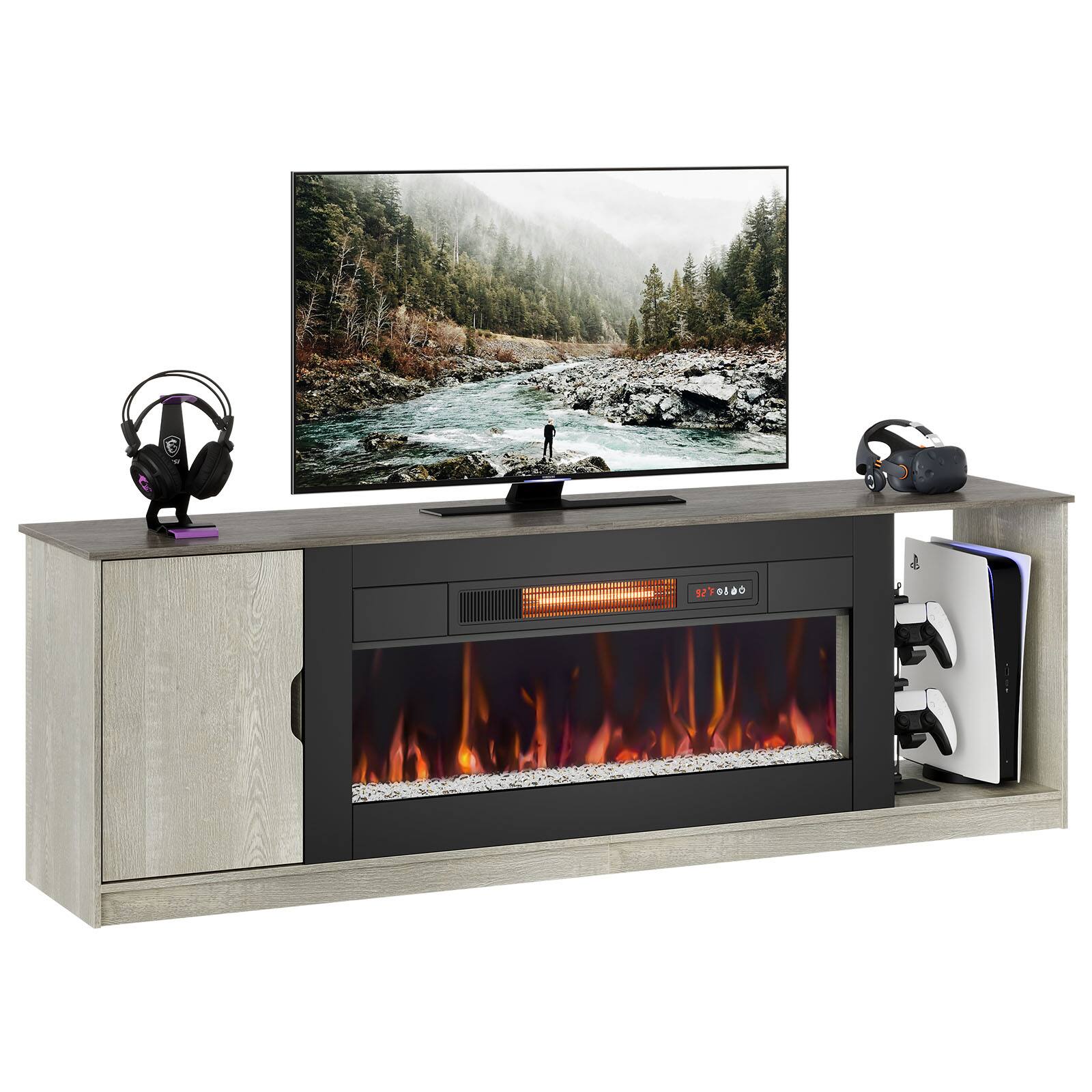 Alt View 6. Bestier - Bestier 70" Gaming TV stand with 36" fireplace cabinets & open storage for TVs up to 75" and PS5 consoles - Grey.