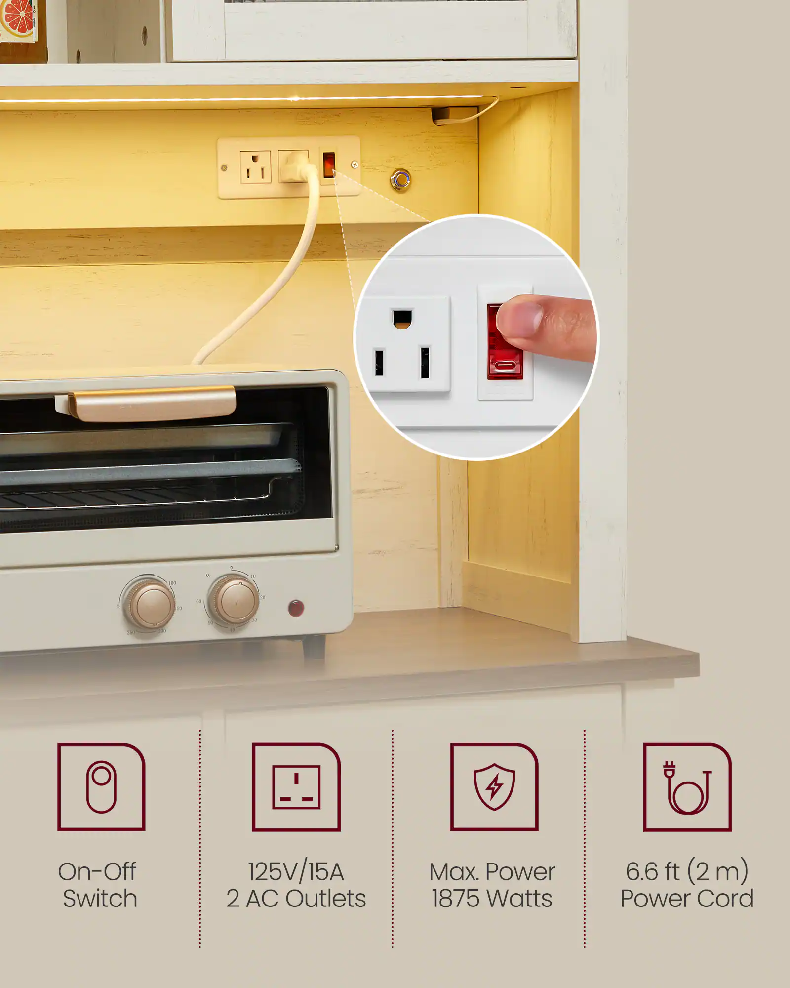 - On-Off Switch
- 125V/15A 2 AC Outlets
- Max. Power 1875 Watts
- 6.6 ft (2 m) Power Cord