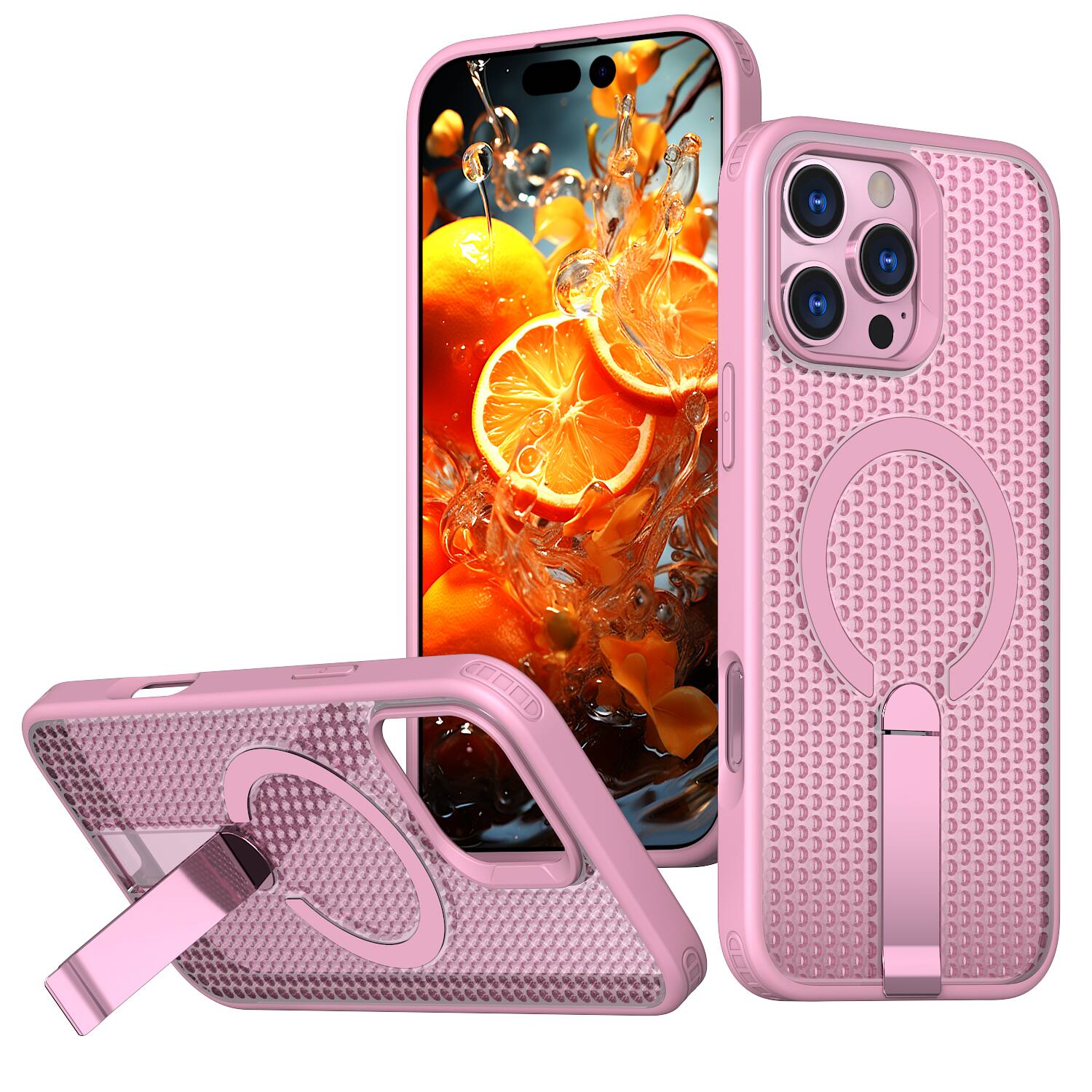 Front. Dteck - Rugged Magnetic Case for Apple iPhone 16 Pro Max with Kickstand,Shock-absorbent Heavy Duty Heat Dissipation Back Cover - Pink.